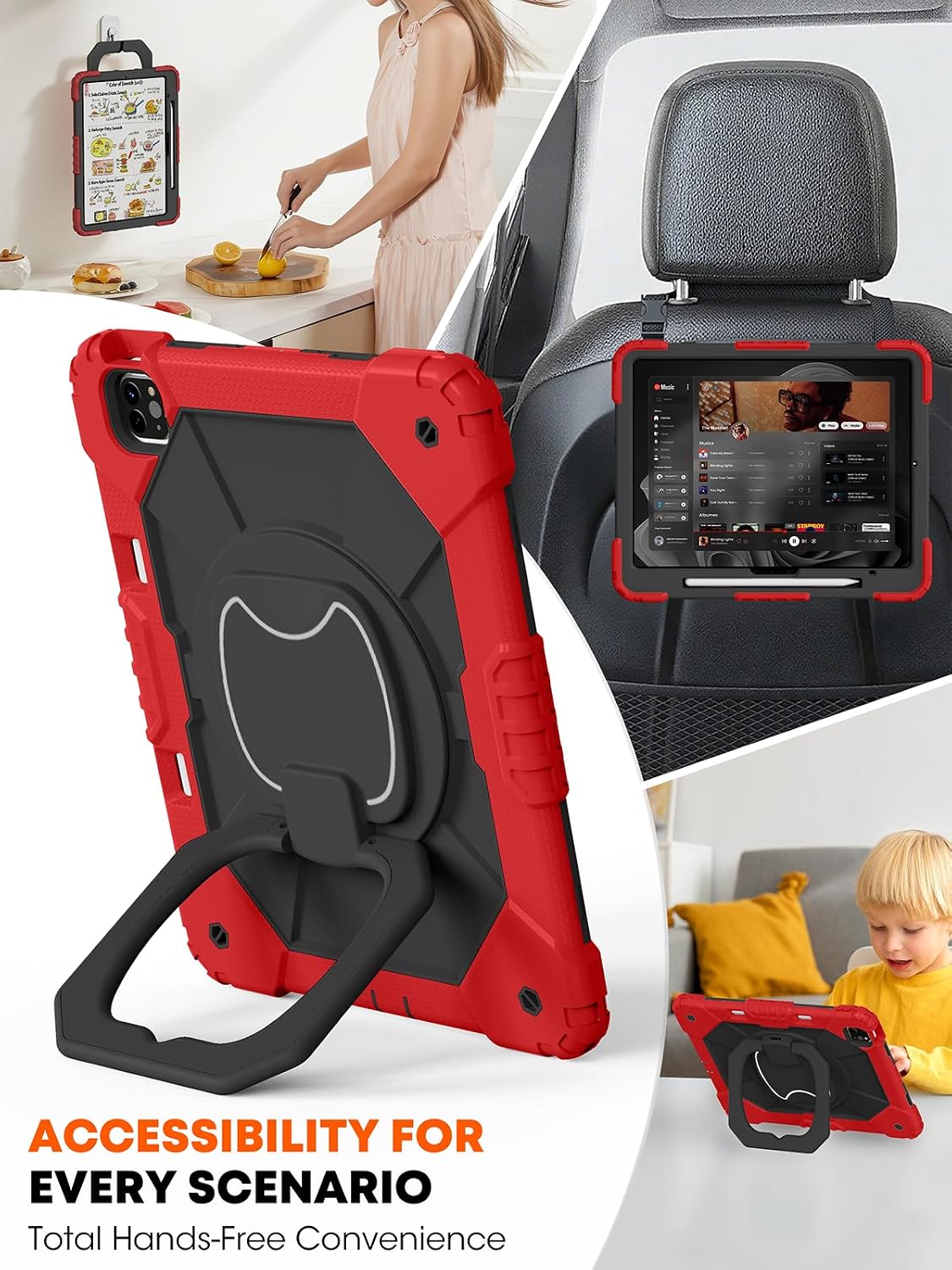 for iPad Pro 13 Heavy - Duty Case - 13 inch M5/M4 Case with Pencil Holder, 360 Rotating Stand & Strap, for Kids Shockproof Everyday Protection, Red Black