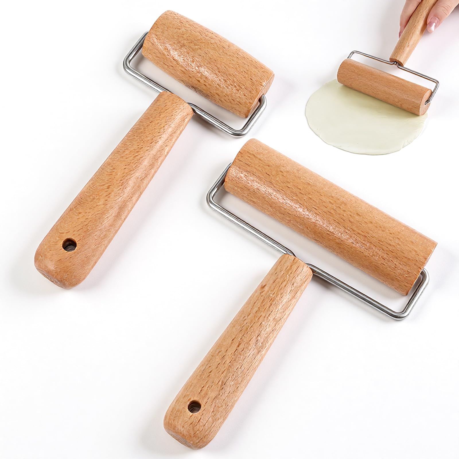2 Pcs Small Rolling Pin with Handle, Wooden Rolling Pin for Baking, Non-Stick Pizza Roller for Tortilla Cookie Dumpling Home Kitchen Baking Cooking
