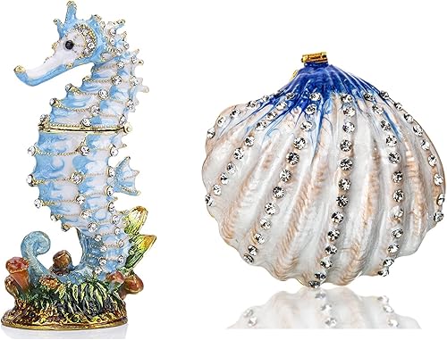 YU FENG Caja de baratijas con figura de caballito de mar y conchas azules