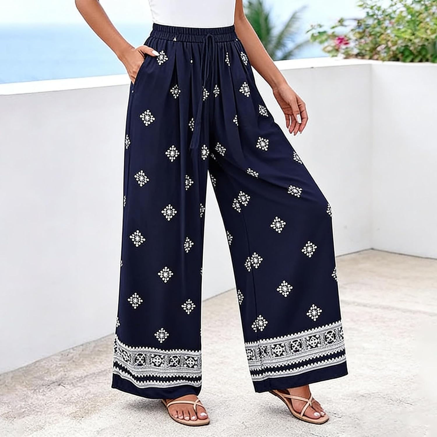 High Waisted Wide Leg Palazzo Pants for Women Summer Beach Vacation Lounge Trousers with Pockets Trendy Boho