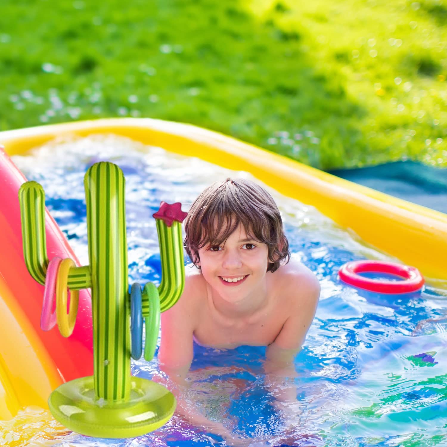 Aufblasbares Kaktus Ring Wurf Spiel Set, 1 Aufblasbaren Kaktus, 1 Aufblasbarer Ball, 8 Farbe Aufblasbare Ringe und 1 Luftpumpe für Sommer Party Kinder Erwachsene Pool Spielzeug