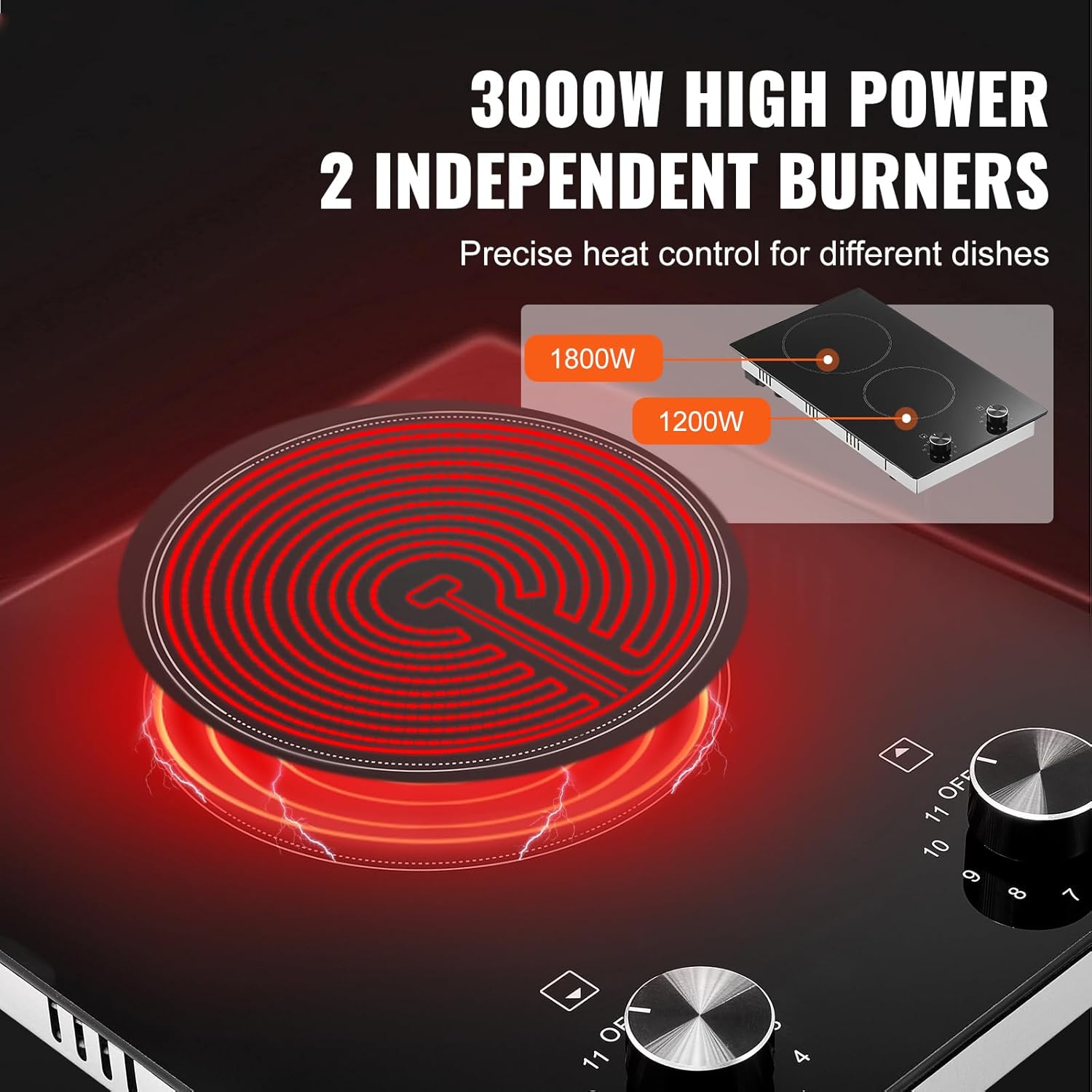 Happybuy 12-inch 2-Burner Electric Cooktop, 3000W Ceramic Radiant Stove, Glass Panel, Knob Control, 11 Heat Levels, 220-240V, Hardwired (No Plug), Built-in
