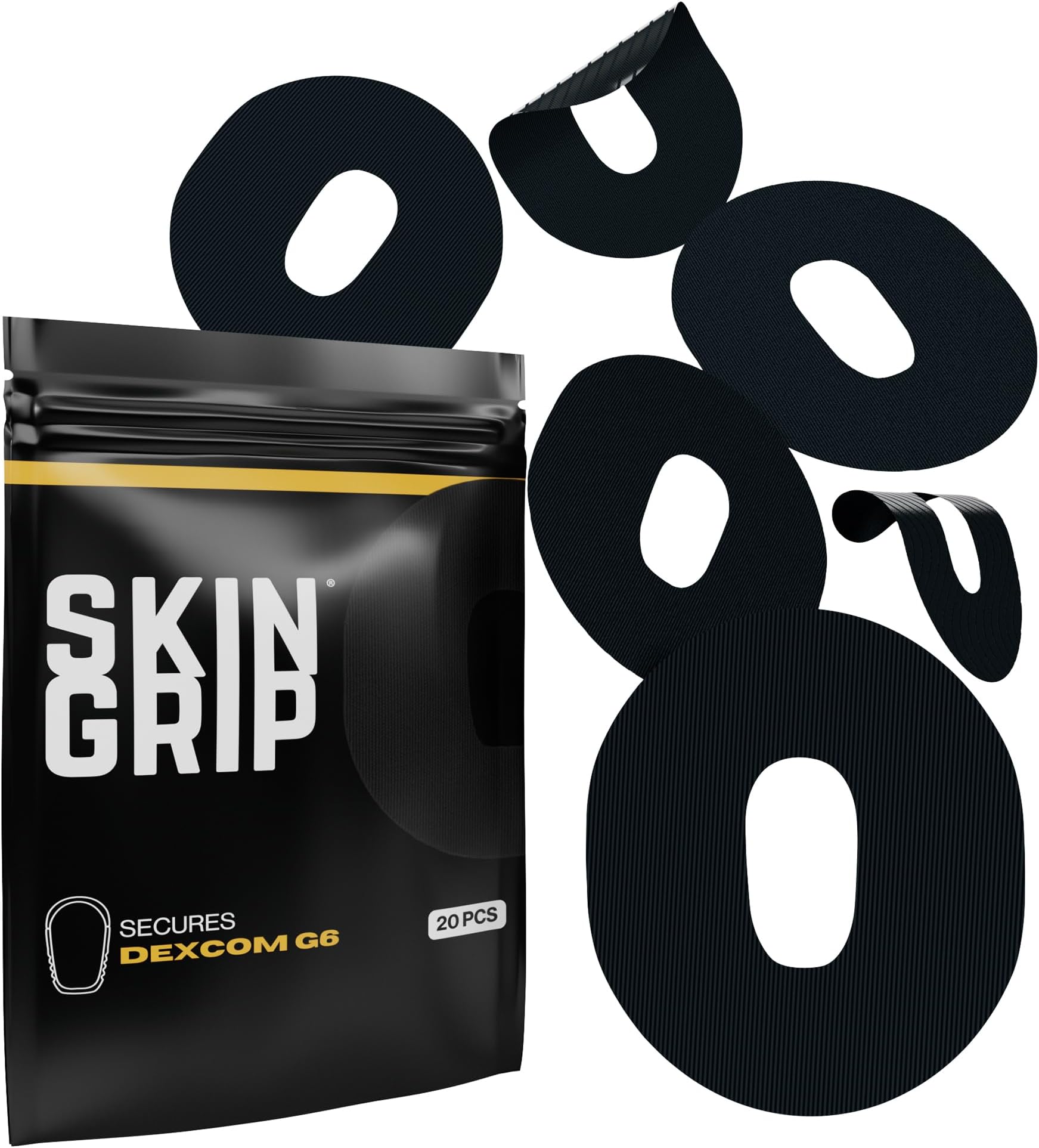 Skin Grip Adhesive Patch Compatible with Dexcom G6 Adhesive Patches Waterproof & Sweatproof with Cutout, Lasts 10-14 Days, Continuous Glucose Monitor Patch, CGM Sensor Cover – 20 Pack, Black