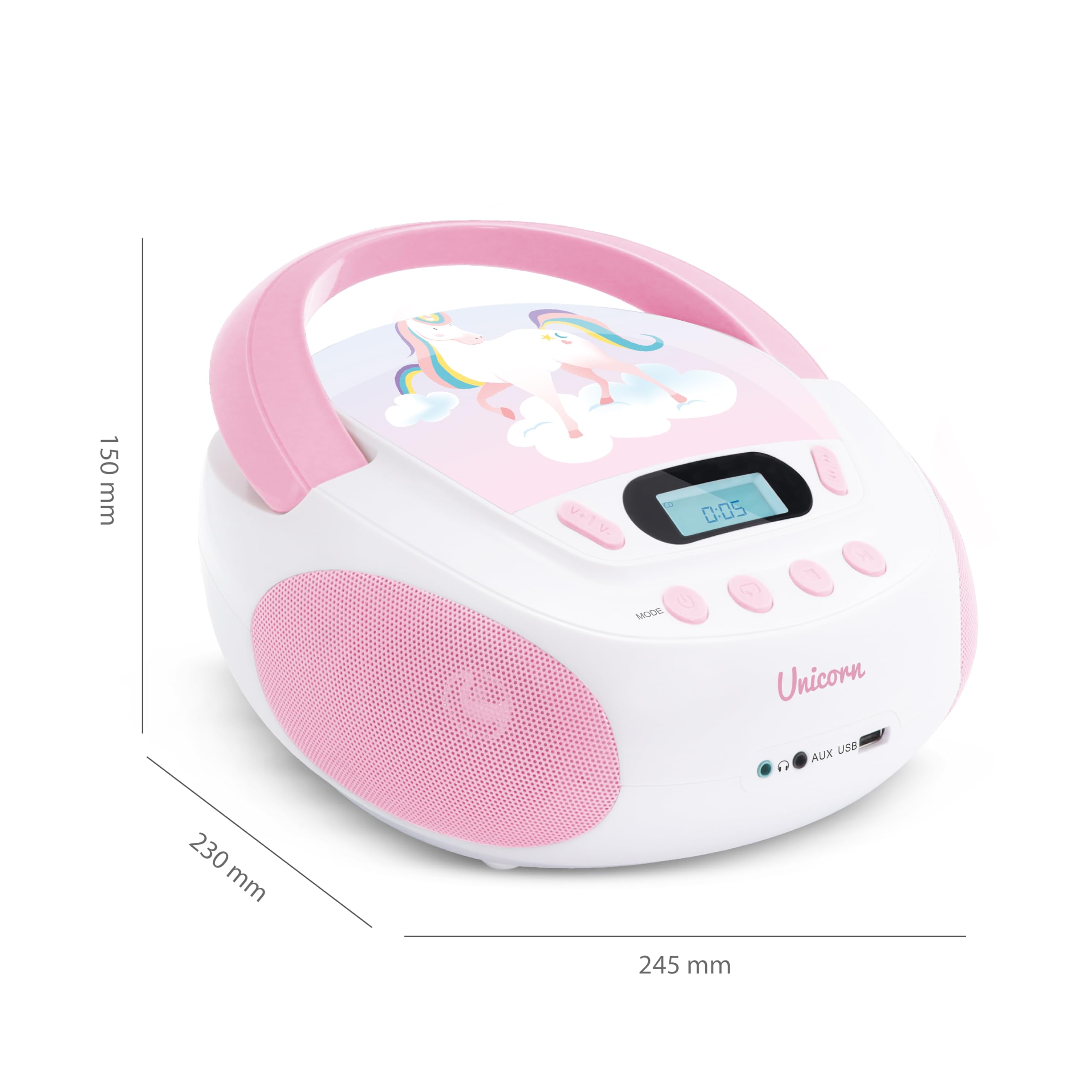 Mooov 477407 - Reproductor de CD portátil, Lector CD Audio CD-R/CD-RW, Puerto USB para MP3, Sonido estéreo de 6W, asa ergonómica, Unicornio