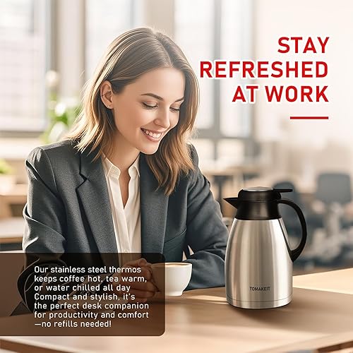 Miniatura 6 de Jarra térmica para café, 2L/68 onzas, de acero inoxidable con aislamiento al vacío, diseño de doble pared, 24 horas de calor y frío, a prueba de