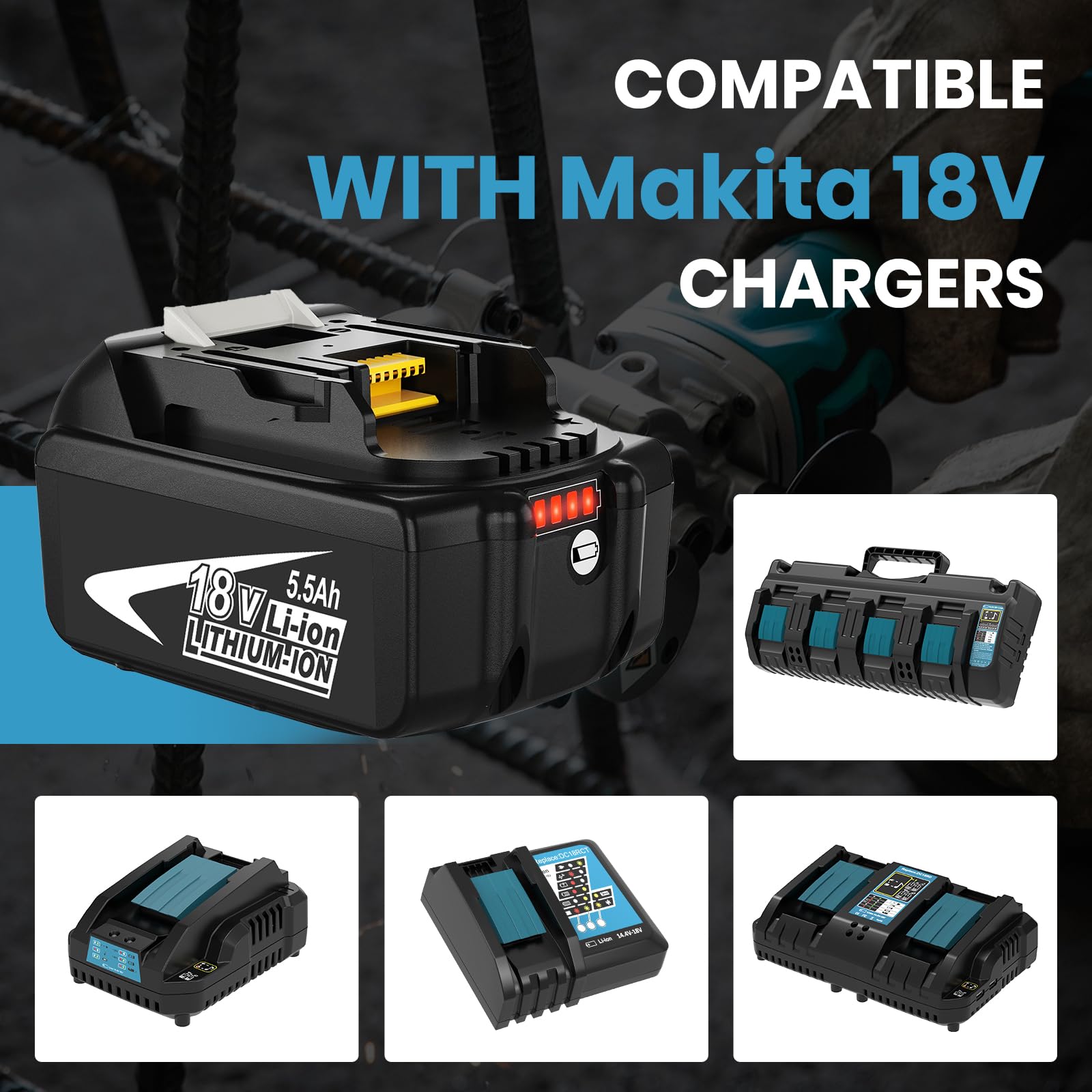 4X BL1860B Repuesto para Makita Batería 18V 5.5Ah para BL1850B BL1850 BL1860 BL1845 BL1840 LXT-400 Cargador DC18RC DC18RD DC18RF con indicador LED