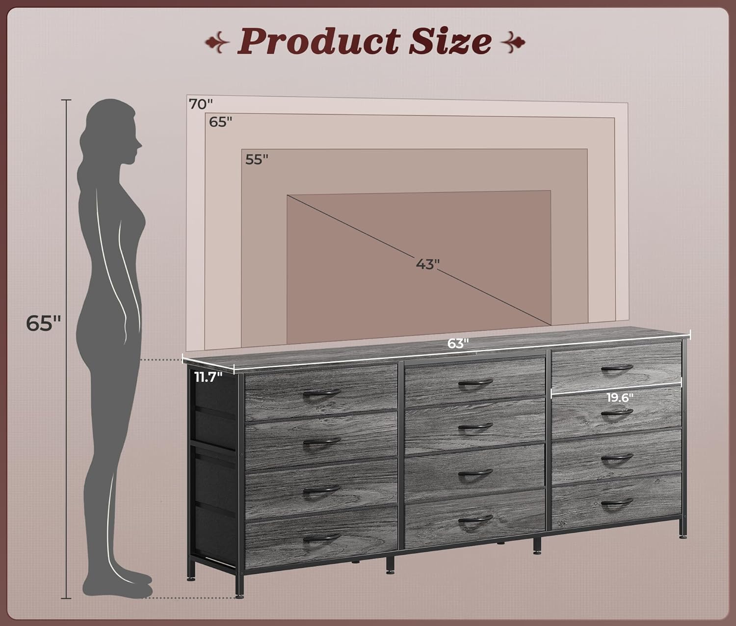 Product dimensions and TV size reference