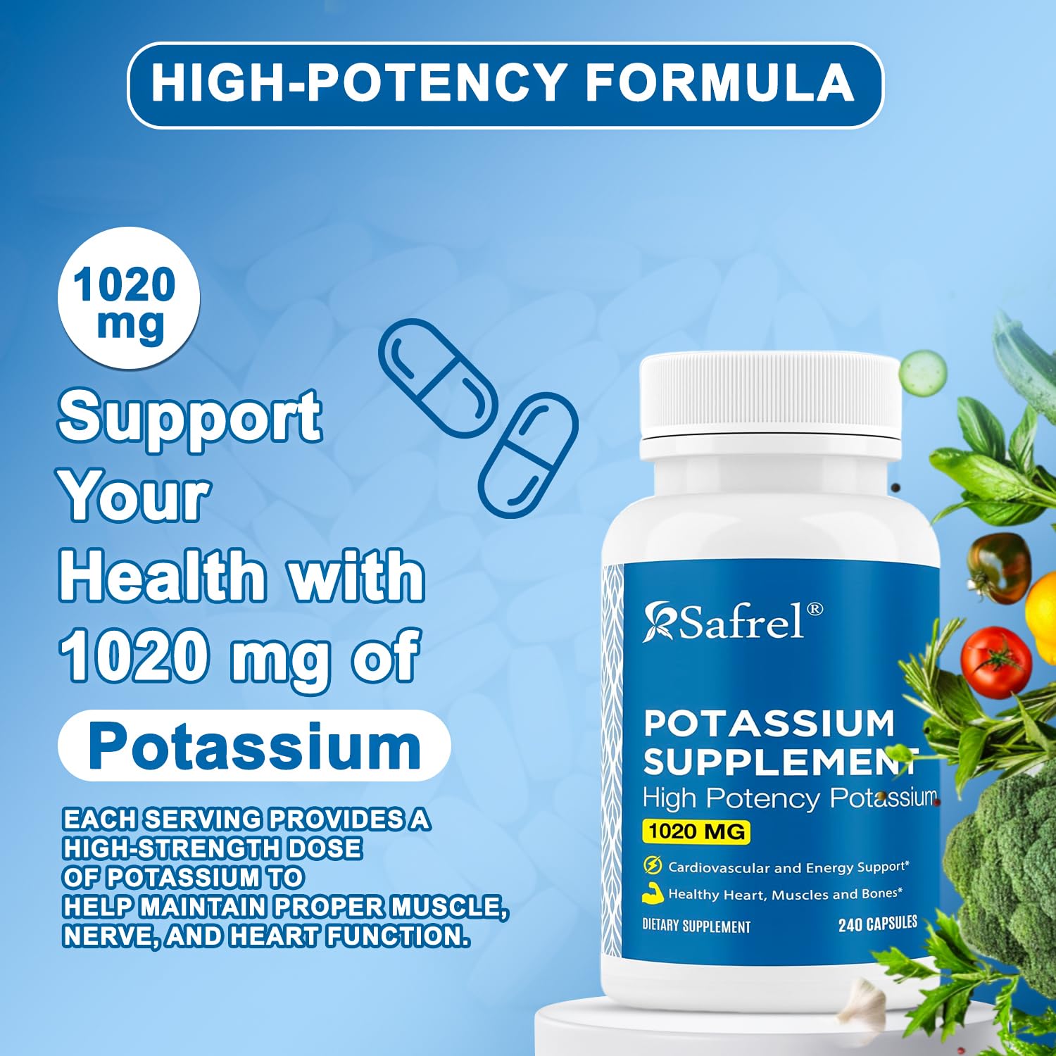 Safrel Potassium Supplement, 1020 mg, 240 Servings, Vegeterian Capsules, Non-GMO, Gluten Free, Made in USA — Amazon image 4
