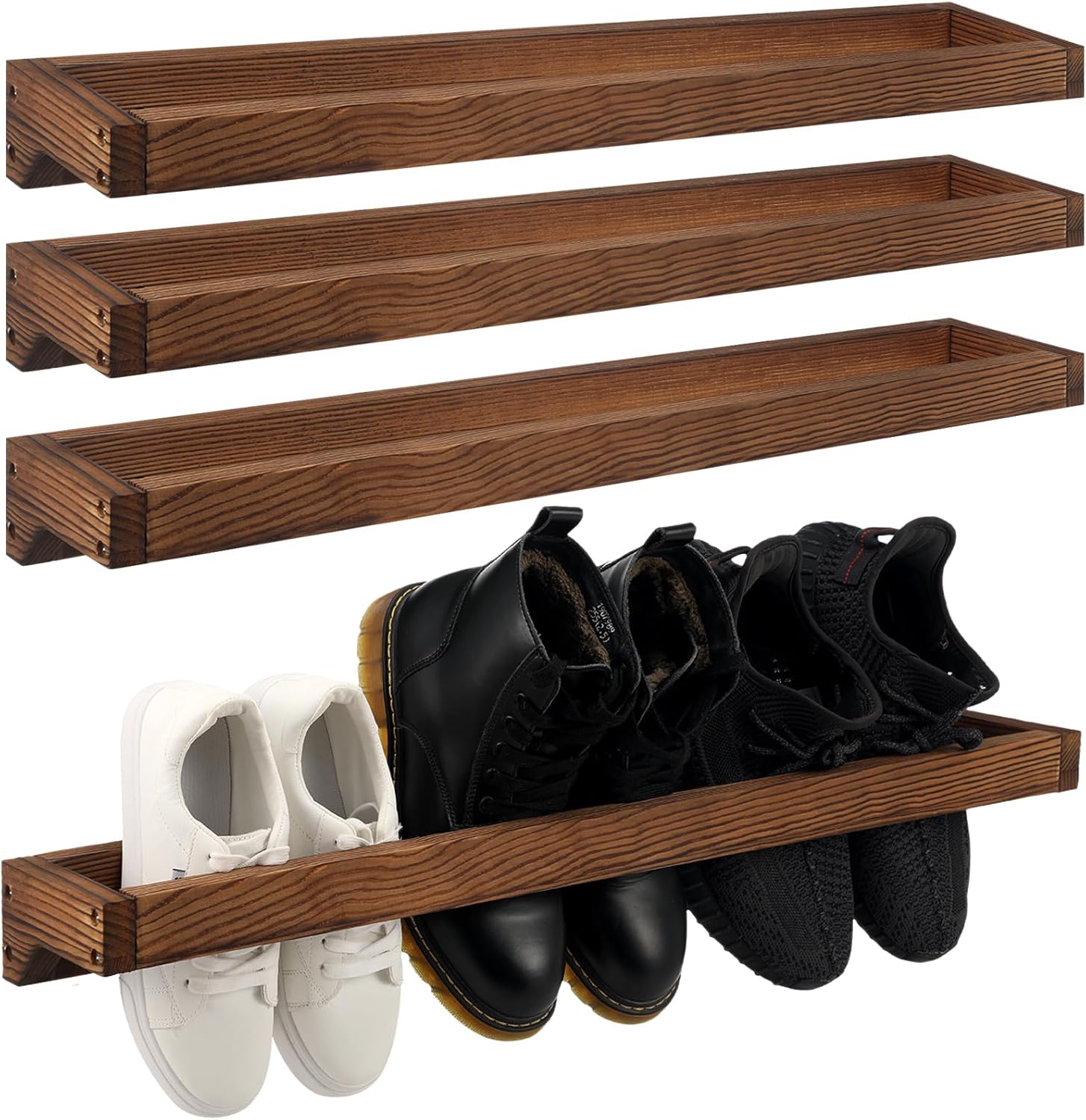 Wenqik 4 Pcs Wall Mounted Shoe Rack 30 Inch Rustic Wood Wall Hanging Shoe Rack Space Saving Footwear Holder Shoe Storage Organizer for Mudroom, Entryway, Closet (Burnt Wood) 4 Burnt Wood