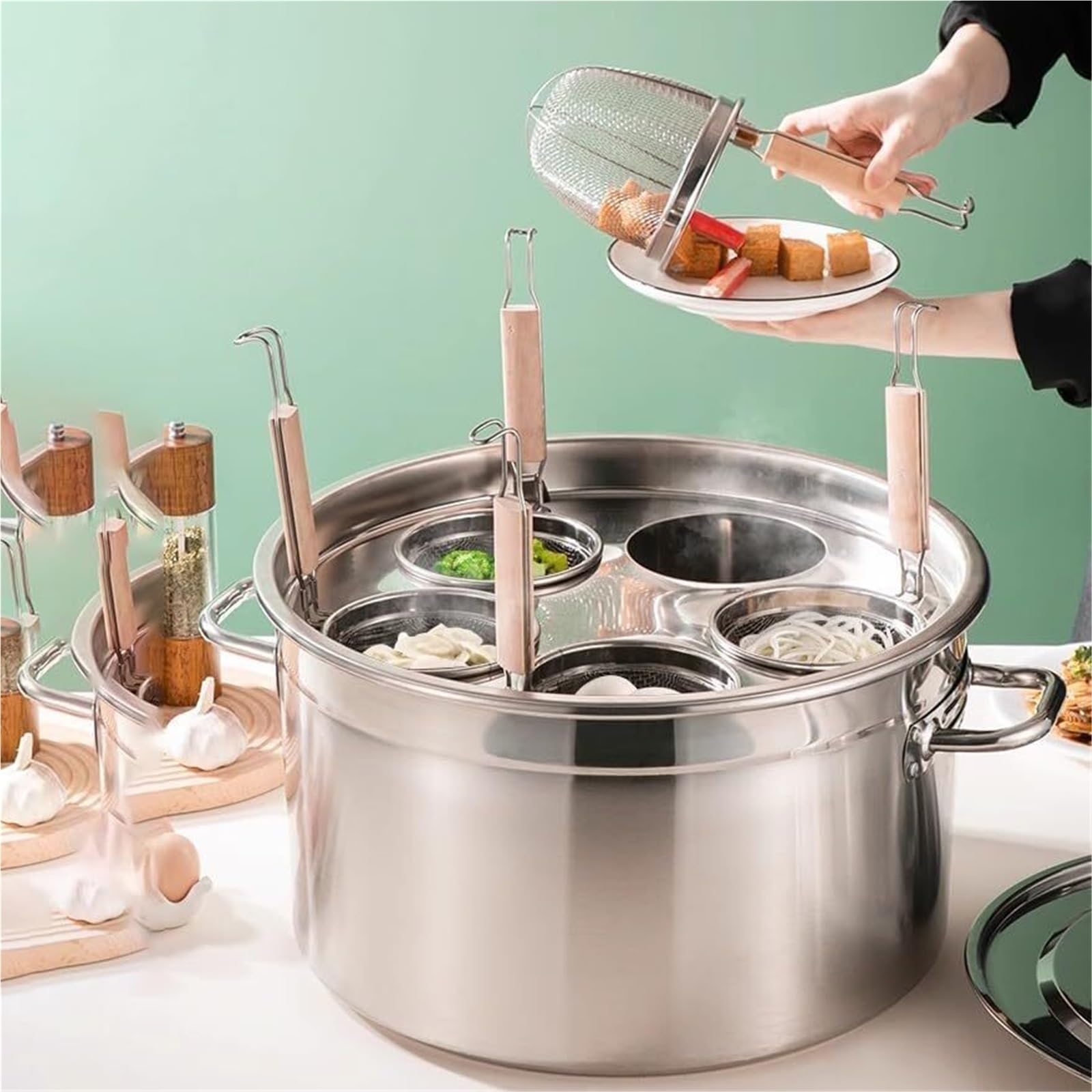 MRKU Set per cuocipasta - Pentola Commerciale con cestello per la Cottura a Vapore - Coperchio appendibile e Manici sicuri - Compatibile con Vari fornelli