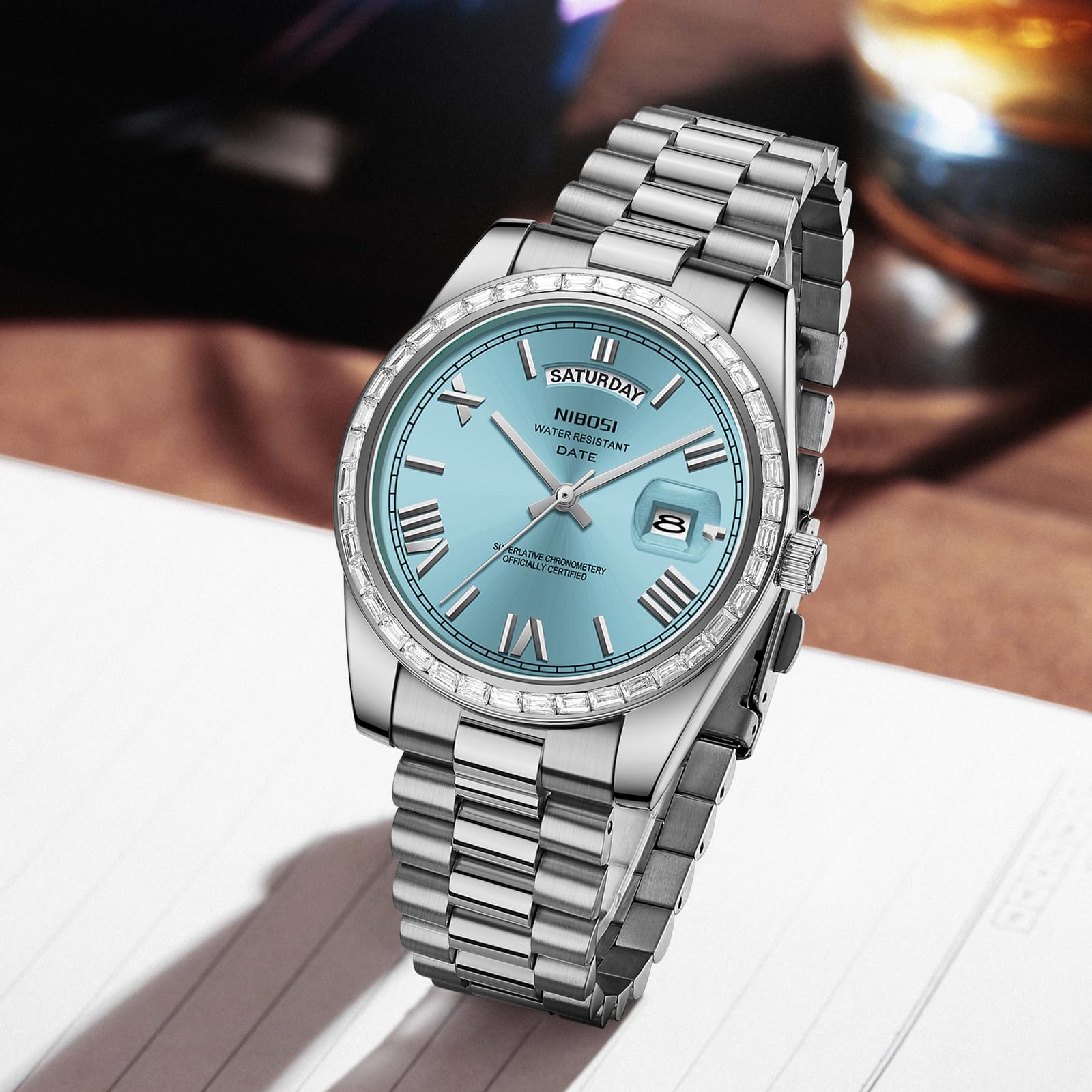 NIBOSI Men's Watches Analog Quartz Diamond Bezel Stainless Steel Dial Rose Gold Silver Watches for Men Waterproof Business Classic Dress Wrist Watch with Day Date