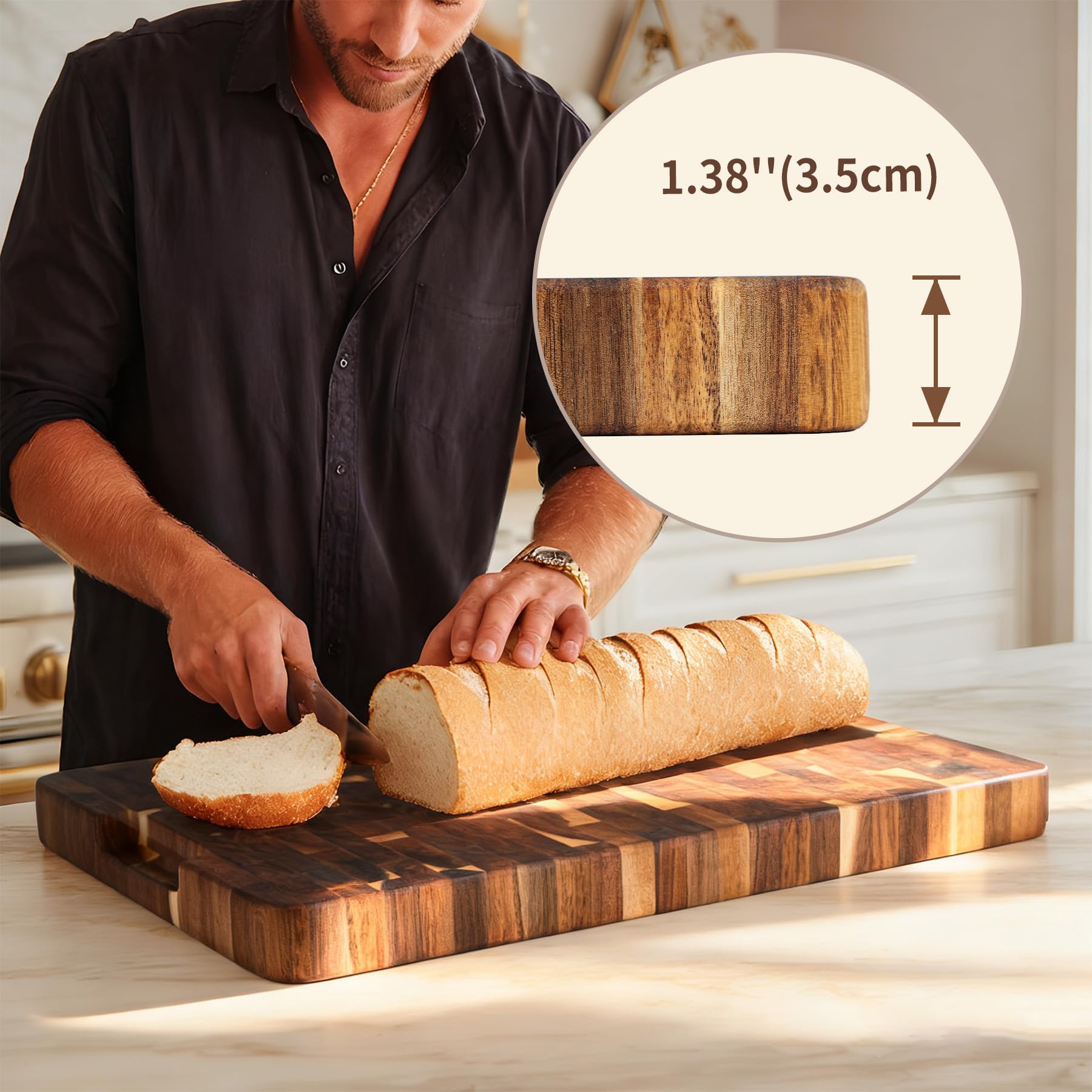 Utoplike Tagliere in acacia, 43 x 30.5 cm, tagliere in legno con scanalatura per succo e manici su un lato, blocco reversibile per carne, verdure, 3.5 cm
