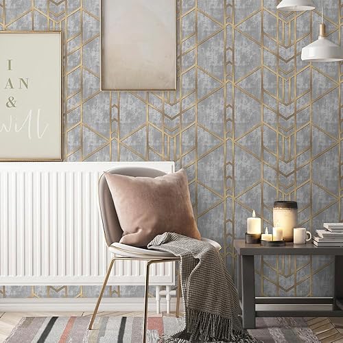 Miniatura 3 de Papel tapiz moderno de línea geométrica doradagris, autoadhesivo, extraíble, fácil de despegar en papel de pared para dormitorio, gabinete de