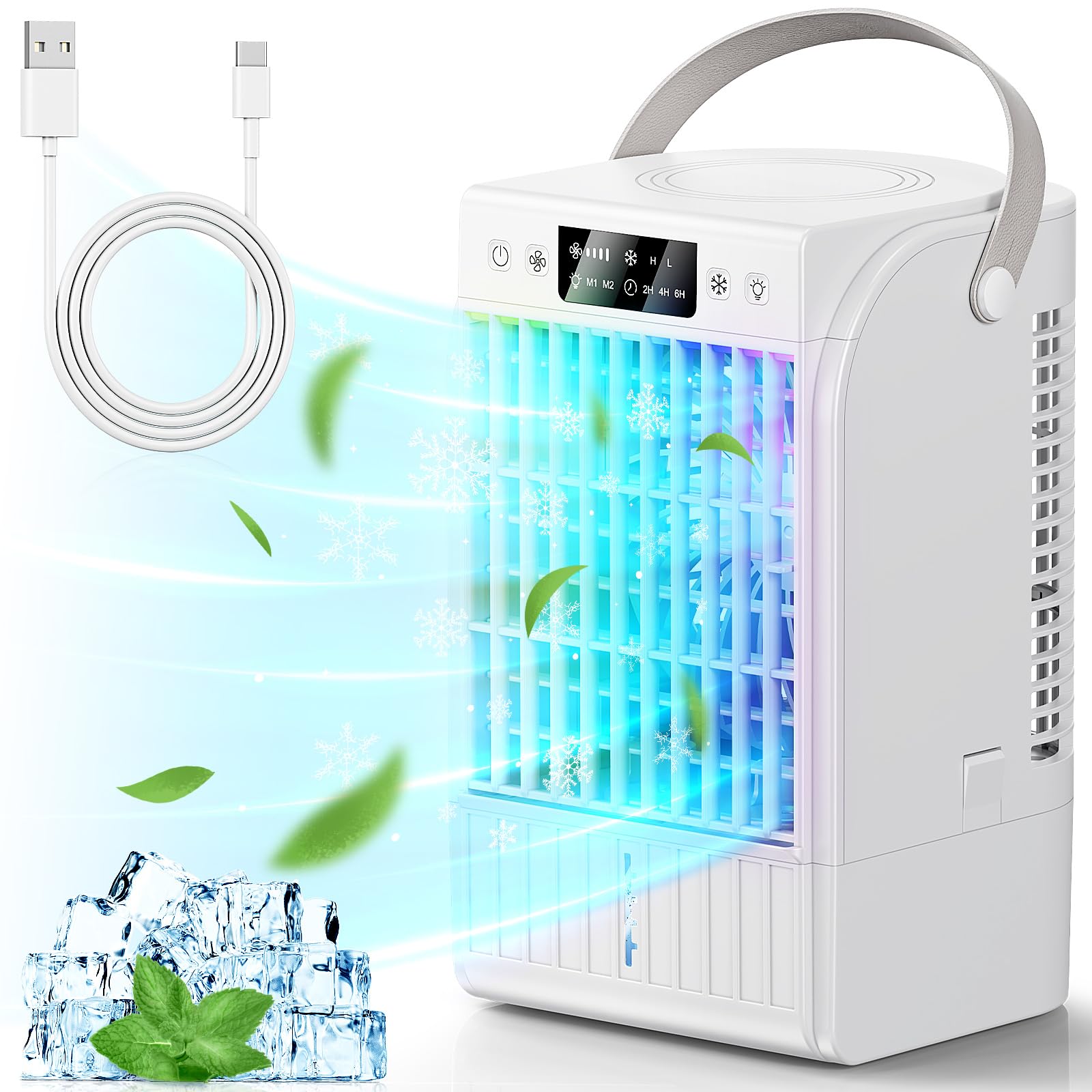 Climatiseur portable, mode atomisation, mini ventilateur à 4 vitesses, ventilateur de refroidissement programmable,lanternes RGB, convient aux chambres et aux bureaux - blanc pur