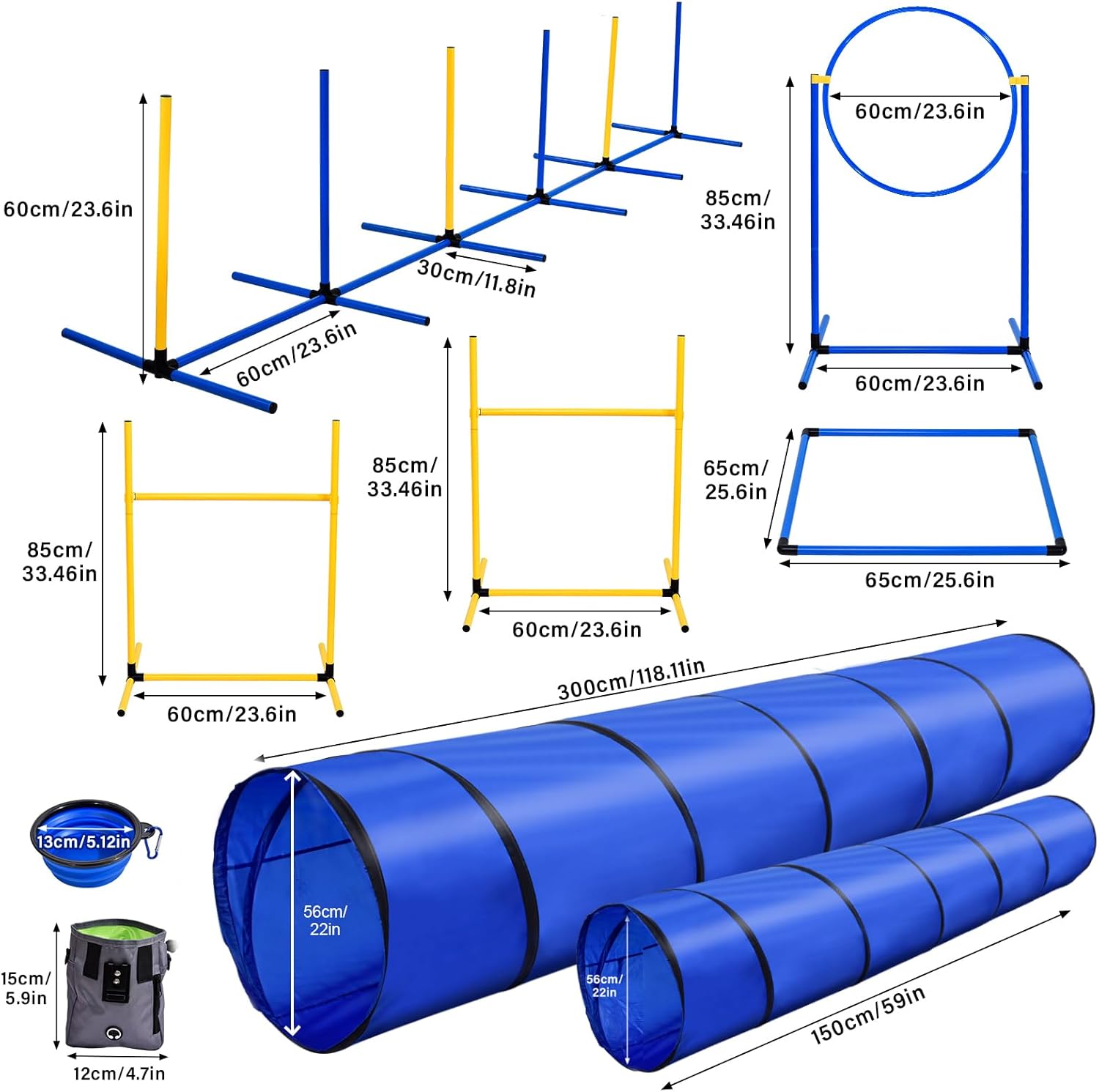 Complete Dog Agility Course Set | Backyard Training Equipment with 2 Foldable Tunnels, 6 Weave Poles, Adjustable Jump Ring, 2 Hurdle Jumps, Pause Box, Whistle, Toy Balls, Treat Bag & Carry Case