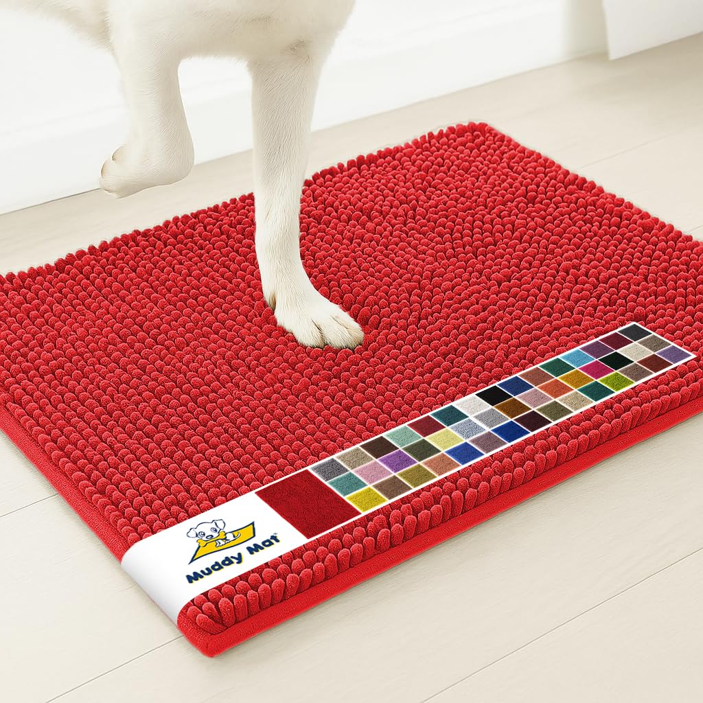 Muddy Mat® | Super Water Absorbent Door Mat Indoor, Microfiber Quick Dry Chenille Entryway Rug, Slip Resistant Front Door Mat, Indoor Mats for Entryway, Machine Washable Pet Rug, Red 35"x24"
