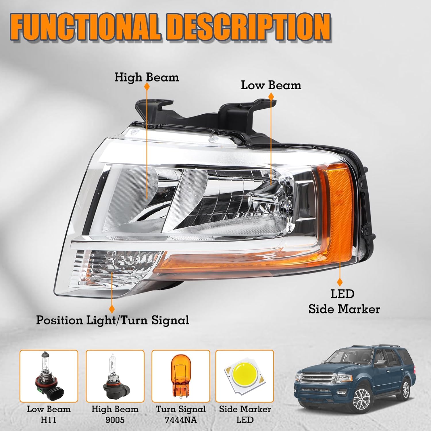 Left Halogen Headlights Assembly Compatible with 2015 2016 2017 Ford Expedition Front Headlamp Left Driver Side FO2503346, FL1Z13008G