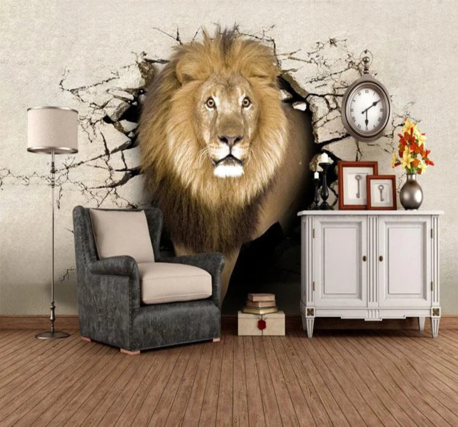 Minimalist Three Dimensional Breaking Through A Wall Animals Lion 3D Wallpaper Easy Install Feature Office Living Room Sofa Bedroom TV Background Wall Decoration-250cm×170cm