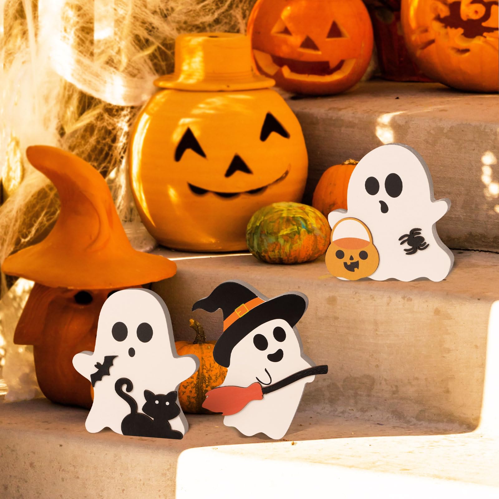 1 ghirlanda di legno di Halloween, fantasma, gatto nero, zucca