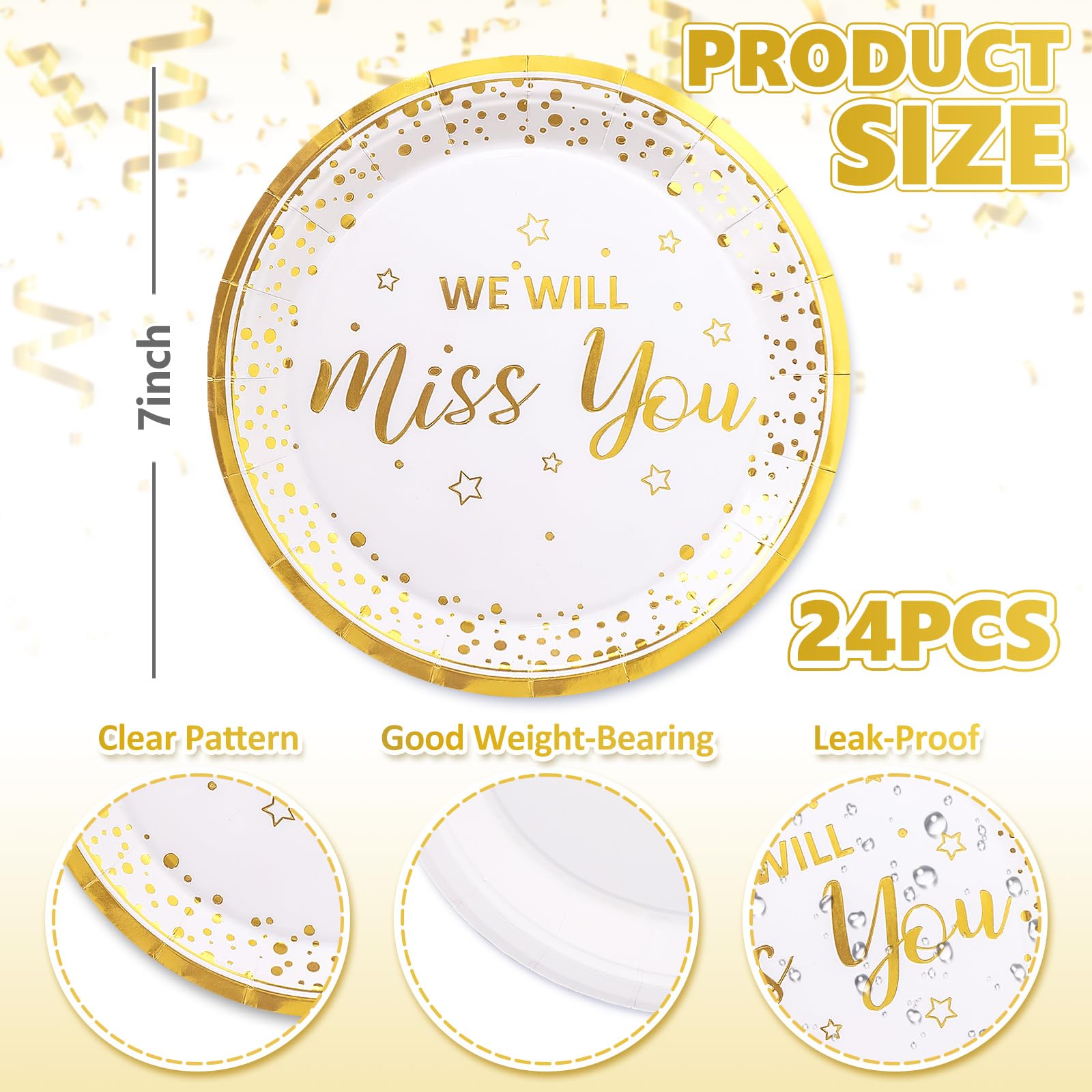 JarThenaAMCS We Will Miss You - Platos de papel de aluminio dorado, platos desechables de 7 pulgadas, platos de postre para despedida, suministros de fiesta de jubilación, decoración de mesa, 24