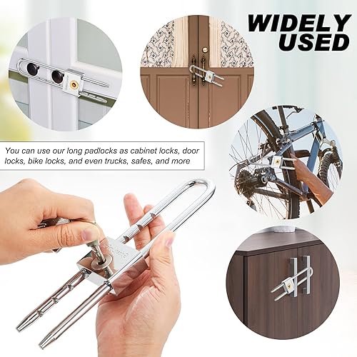 Miniatura 5 de Candado de grillete largo con llave de latón macizo de 2 pulgadas de longitud ajustable extraíble, grillete plateado para puertas, armarios, cajas