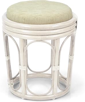 Pier Handmade Rattan Wicker Vanity Bedroom Stool Fully Assembled White Color with Cream Cushion