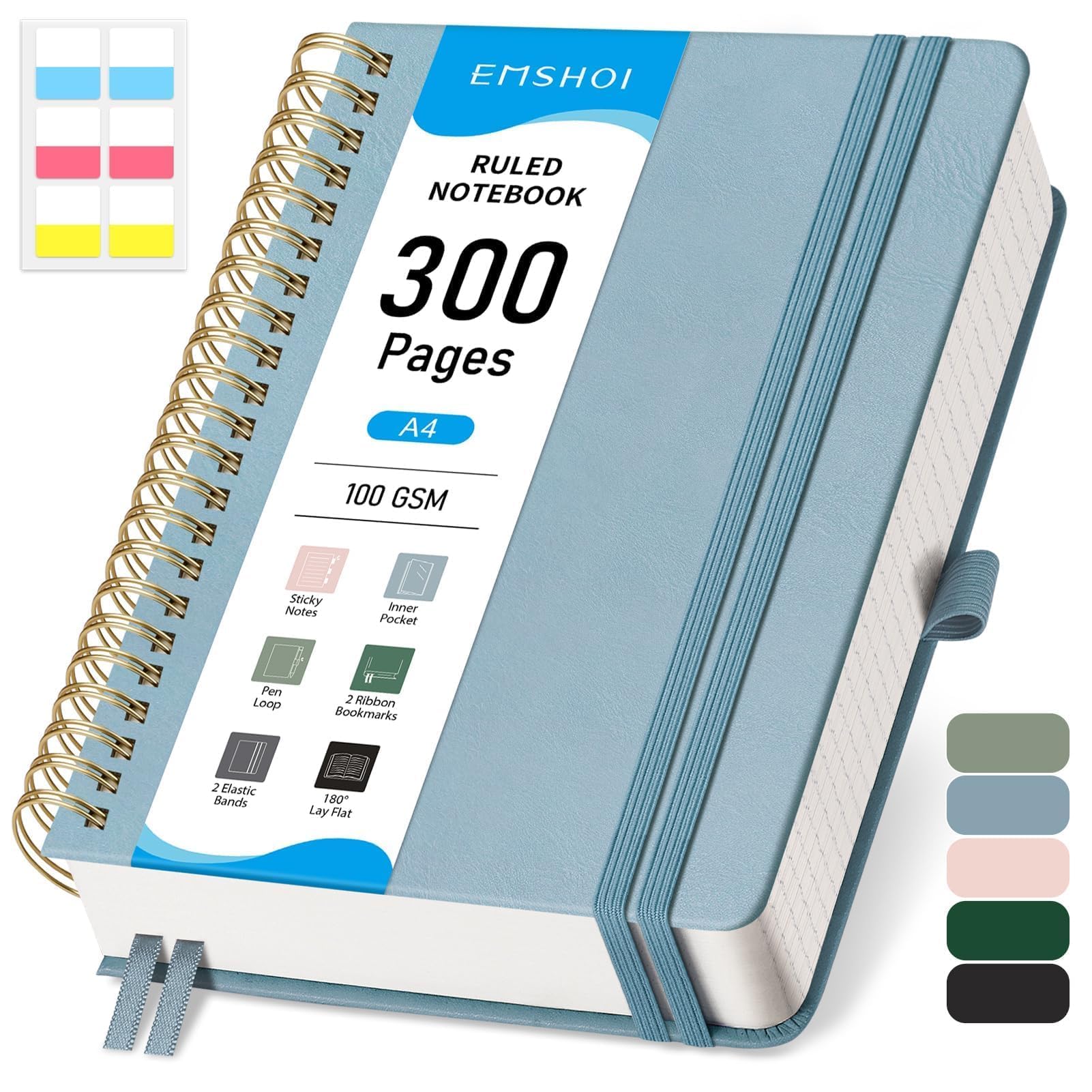 EMSHOI A4 Leather Hardcover Spiral Notebook College Ruled – 300 Numbered Pages, 100 GSM, Lined Journal for Women & Men Work, Journaling, Note-Taking, 8.27” x 11.2” Gray Blue