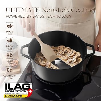 PRICUSIS Nonstick Stock Pot with Silicone Rim Tempered Glass Lid, 4.5/7 QT Soup Pot Casserole, Cooking Pot, Induction Compatible, Dishwasher & Oven Safe, Ideal for Pasta, Bake & Stews, Black Sesame