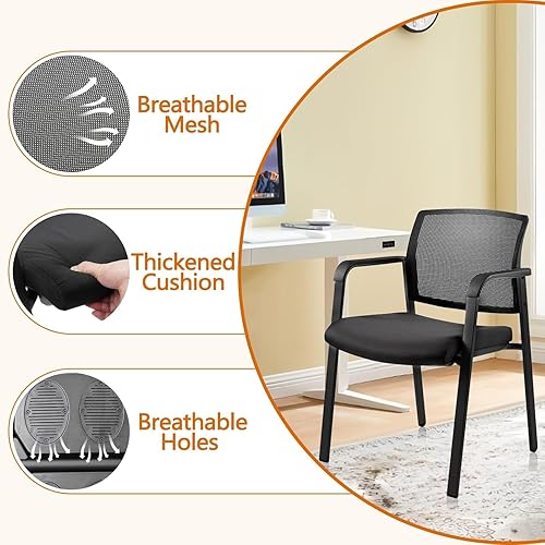 Miniatura 113 de CLATINA Silla de sala de espera negra con ruedas y respaldo de malla apilable con asiento de tela tapizado y soporte lumbar ergonómico para oficina