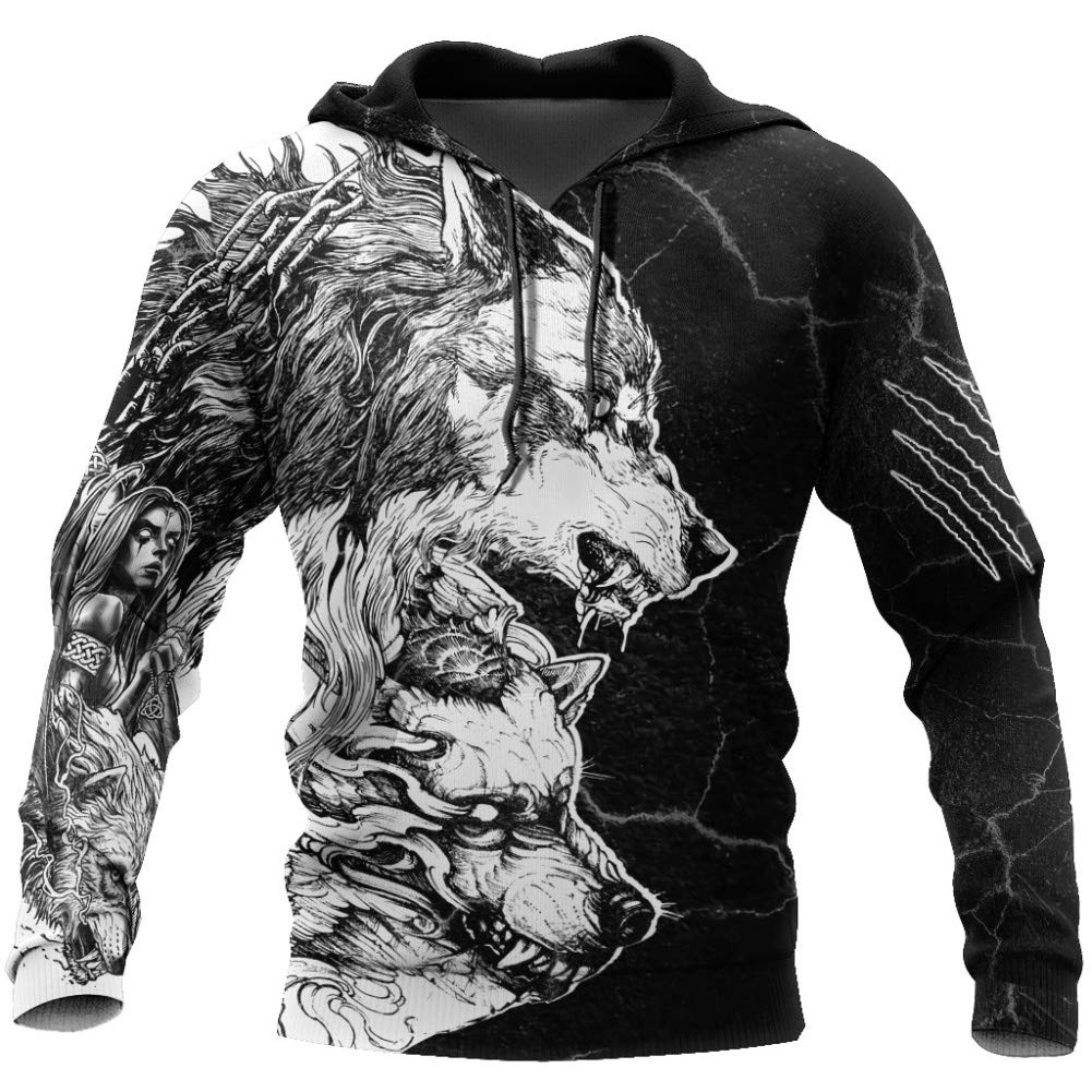 Enlachic Felpa Uomo Con Stampa 3D Tatuaggio Vichingo - Nero, Taglie Forti Fino A 5XL