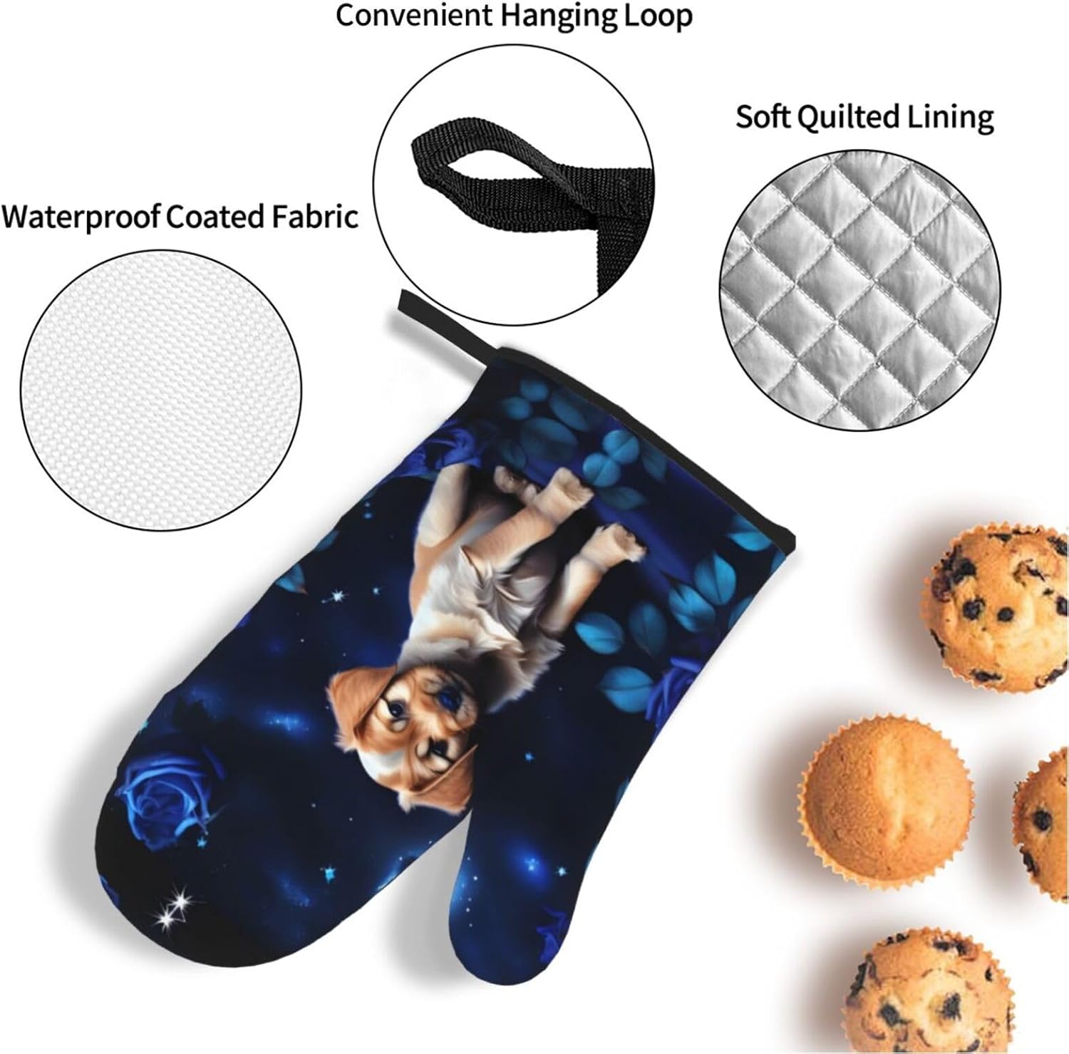 Puppy Blue Rose Oven gloves and heat-resistant mat 4-piece set. Suitable for grilling, microwave oven frying, and baking