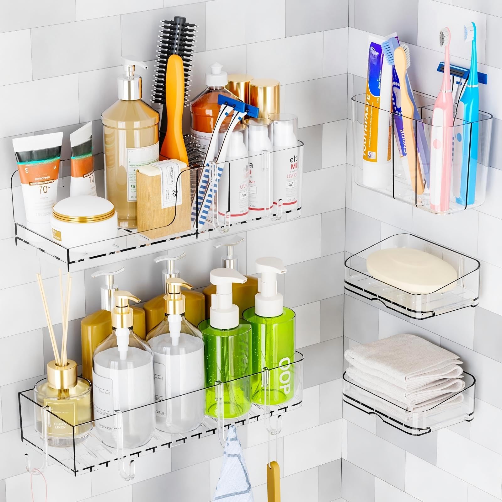 Confezione da 5 contenitori da doccia, organizer adesivo per doccia con portasapone, portaspazzolino e 6 ganci, ripiani per doccia antiruggine e organizer per shampoo, organizer per bagno senza fori
