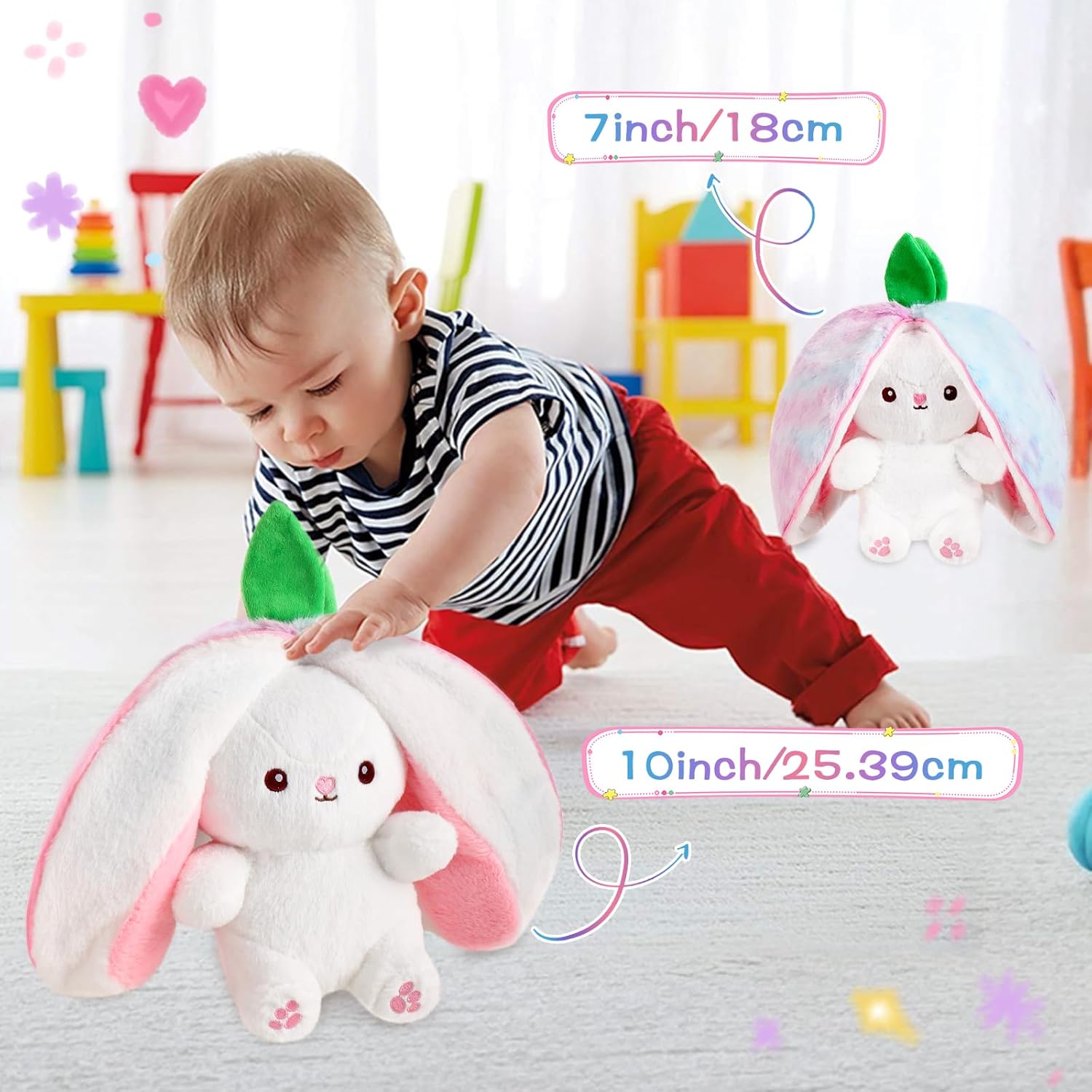 MIAODAM Rainbow Strawberry Bunny Stuffed Animal, Strawberry Bunny Plush Turn Into Rabbit Fruit Doll Pillow, Plushie Cute Bunny Toy for Kids (10 inch)
