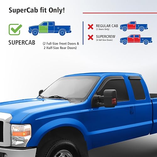 Miniatura 3 de Goodyear Deflectores de ventana inastillables para camiones Ford F250 F350 Super Duty 1999-2016 SuperCab, protectores de lluvia adhesivos, viseras