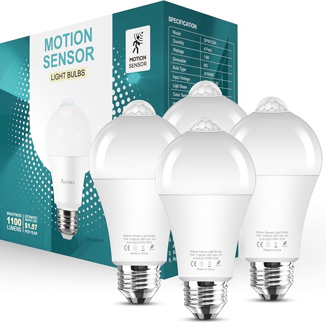 Motion Sensor Light Bulbs Dusk to Dawn 13W Equivalent 100W 1100lm Movement Activated Security LED Light Bulb 2700K Warm White, Auto On Off for Porch Garage Basement Hallway Closet, 4 Pack