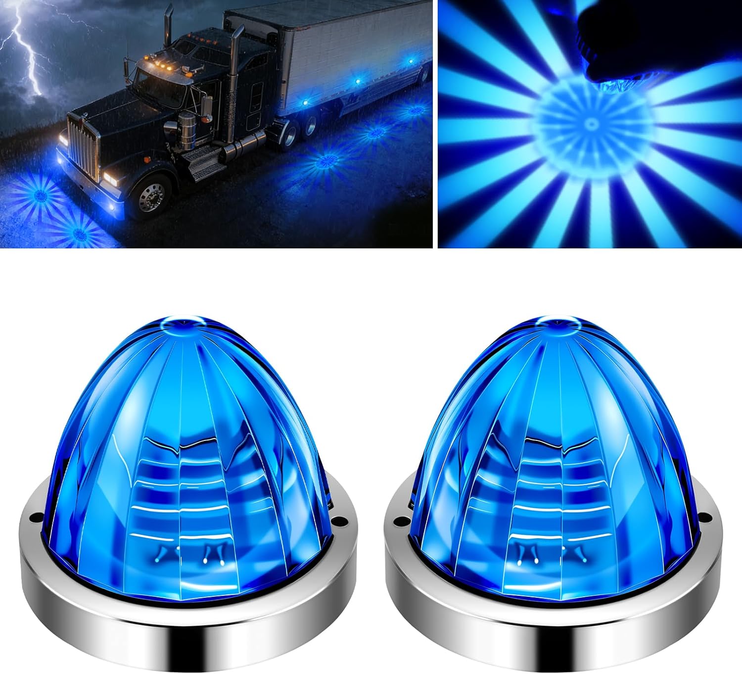 2Pcs Blue LED Watermelon Lights Turn Signal Marker Lights with Stainless Steel Bezel Compatible with Kenworth Freightliner Peterbilt Semi Trucks Trailers, Clear Lens