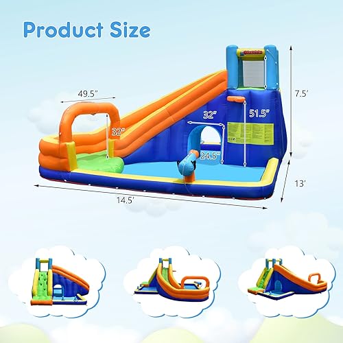 Miniatura 7 de OLAKIDS Tobogán acuático inflable, casa de rebote 8 en 1 con tobogán, pared de escalada, piscina de salpicaduras, borde de baloncesto, pistola de