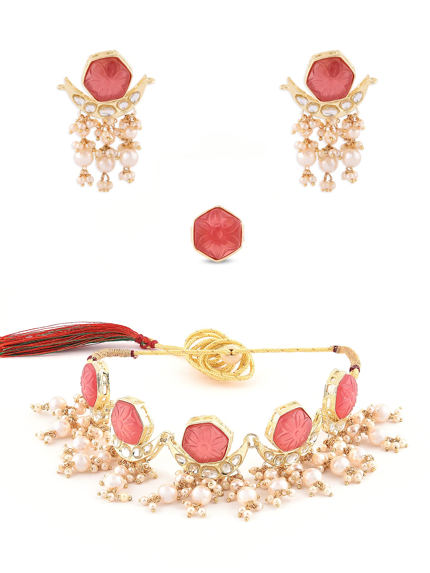 ZAVERI PEARLS Pink Flower Stones Kundan Crescent Choker Necklace Earring & Ring Set For Women-ZPFK14442 (B0B6RNZDZH) Amazon Price History, Amazon Price Tracker