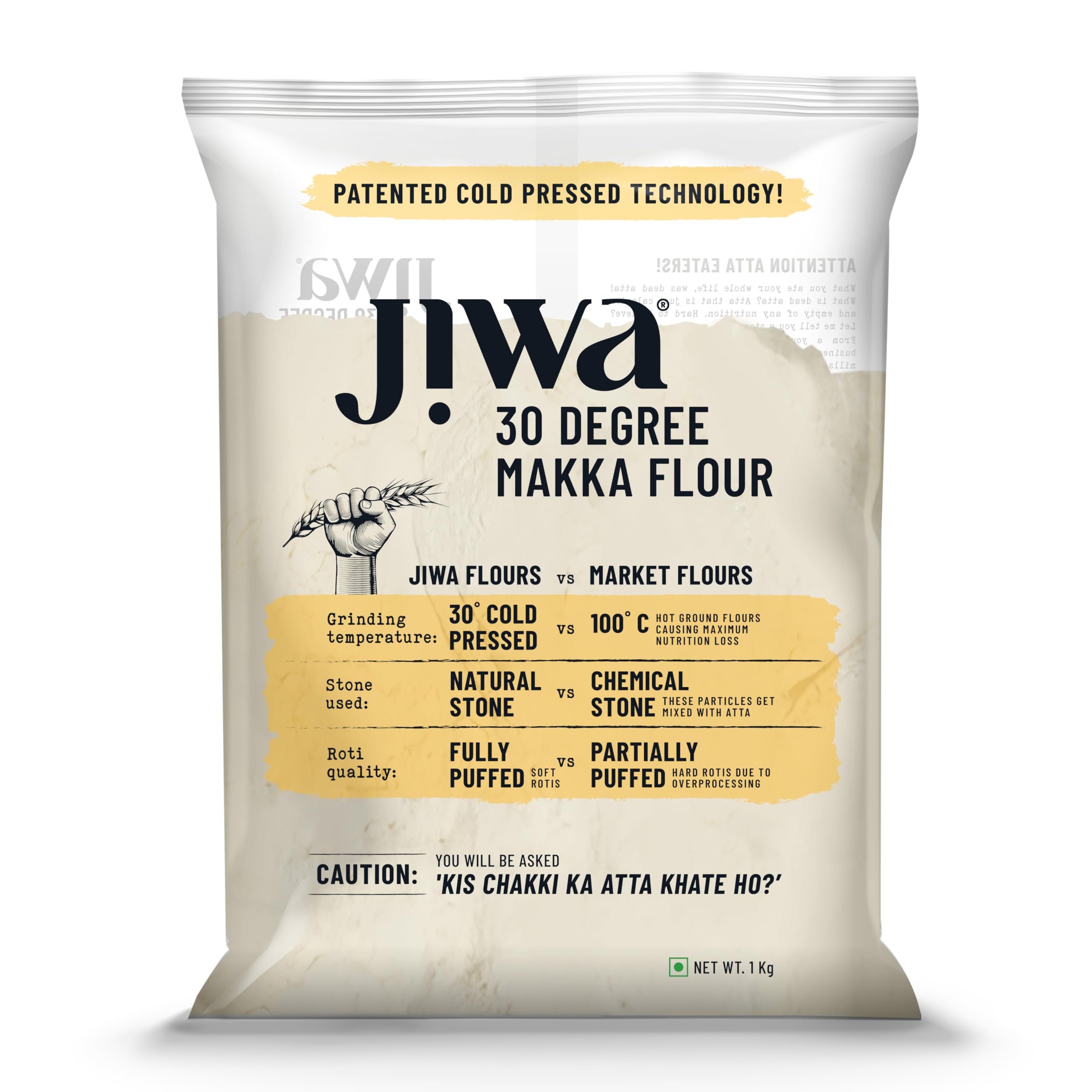 Jiwa 30 Degree Makka Flour/Atta | Patented Cold Pressed Flour | Slow Ground | Makke Ka Atta | Corn Atta | Gluten Free | 1 Kg
