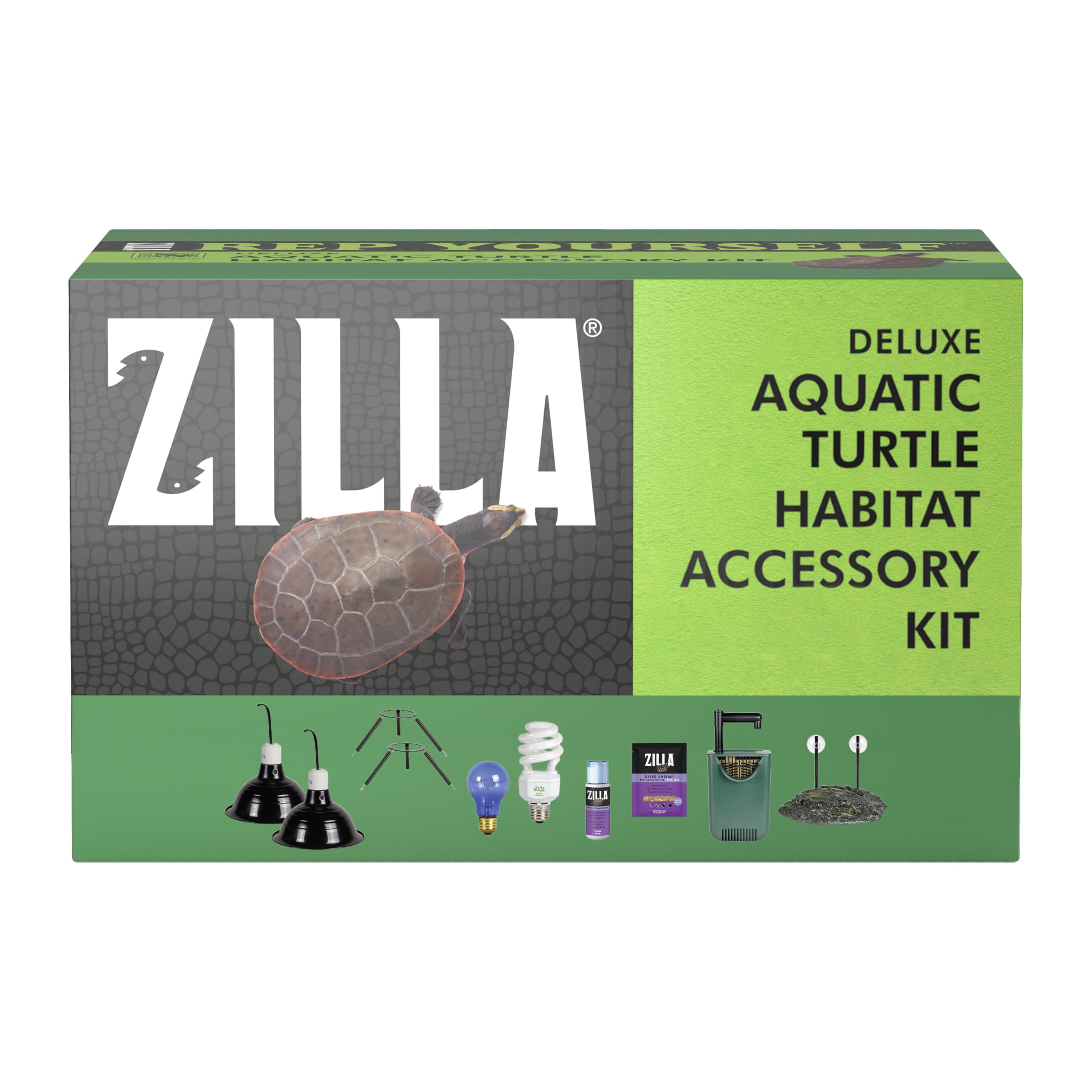 Zilla Aquatic Turtle Habitat zestaw akcesoriów, prosty zestaw startowy dla żółwi, łącznie z oświetleniem, platformą słoneczną, filtrem wewnętrznym, uzdatniaczem wody i karmą, idealny do siedlisk 20 g
