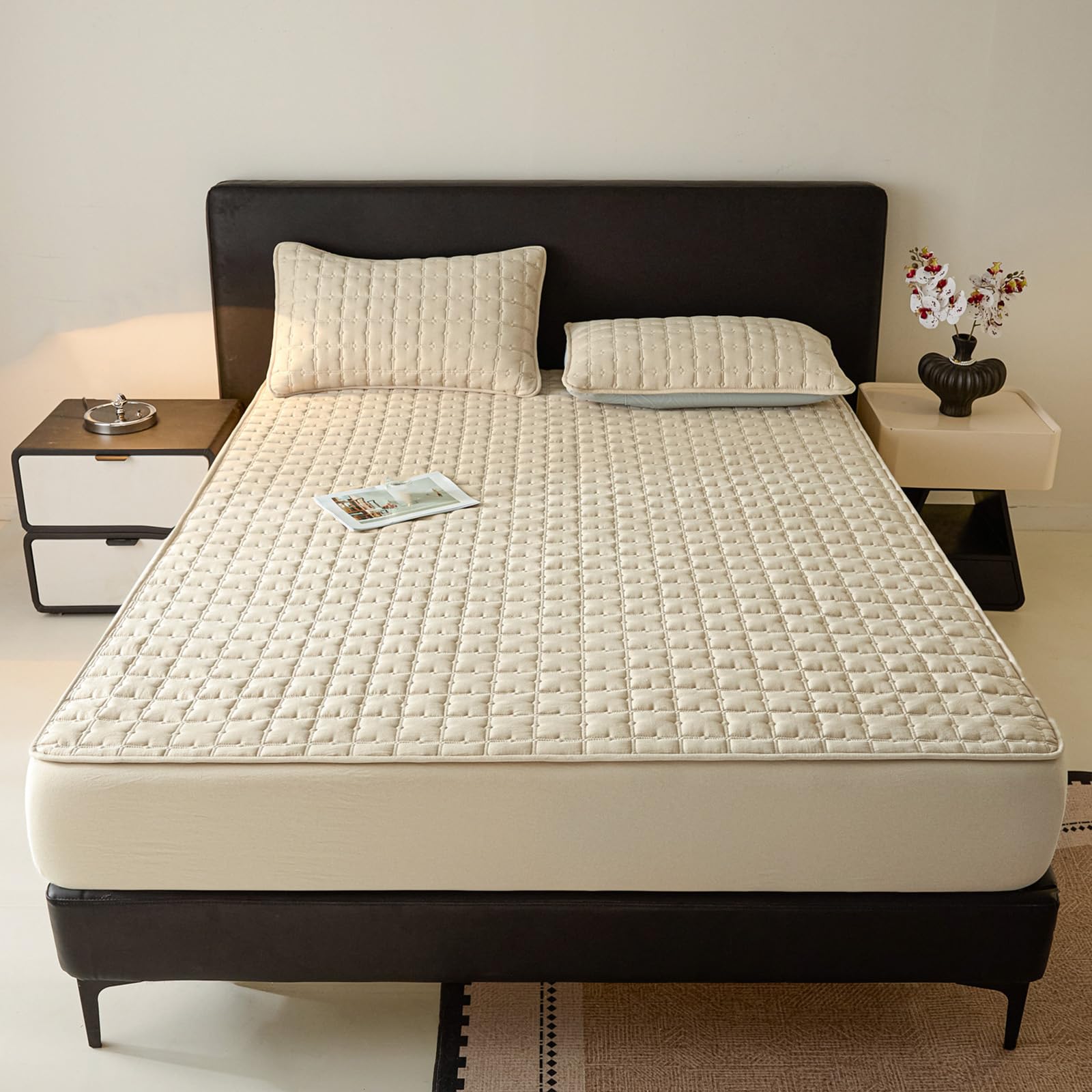 Spannbettlaken 180x200 Khaki Baumwolle Großes Doppelbett | Einfarbig，360°elastische,Ganzjahresgeeignet,mit 2x Kissenbezug von 50x75 cm,Passend für Matratzen bis 30 cm