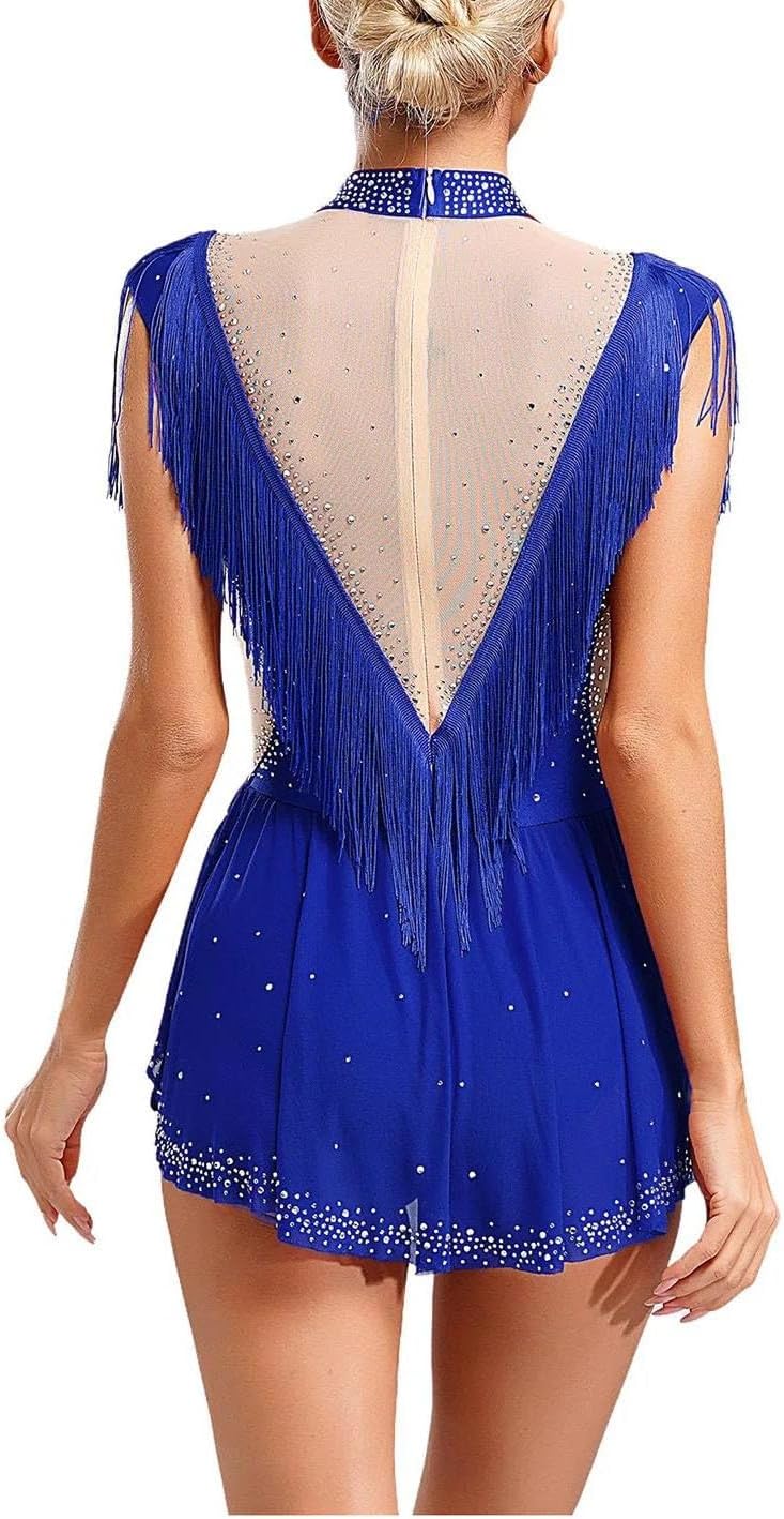 Women Latin Jazz Dance Leotard Dance Dress Sleeveless Sheer Mesh Patchwork Rhinestones Tassel Skirted Bodysuit