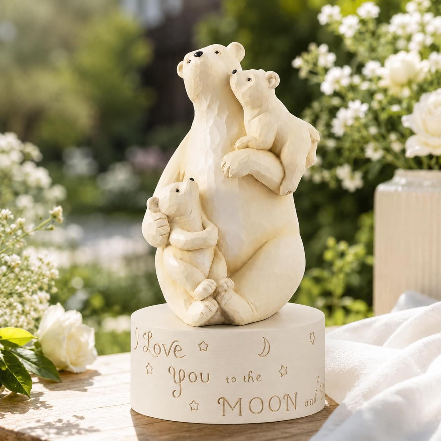 Polar Bear Family Music Box Figurine, You Are My Sunshine Musical Keepsake, I Love You to the Moon and Back Hand-Painted Resin Collectible Statue for Mom Dad Daughter, Nursery Bedroom Home Decor Gift