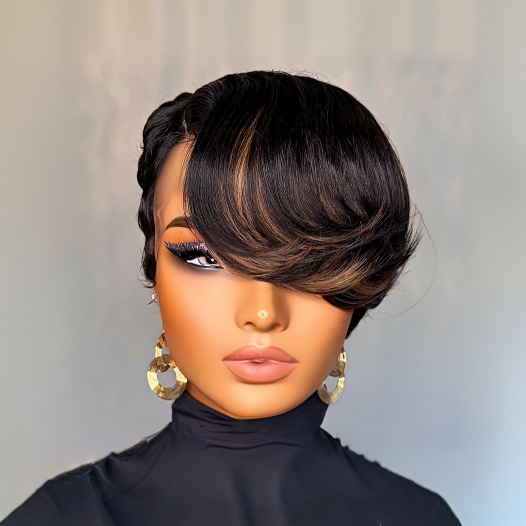 100% Virgin Human Hair Pixie Cut Wig with Bangs Glueless Lace Closure for Black SPOU, Pixie Cut Wigs for Women, 6inch Black Human Hair  main image 3