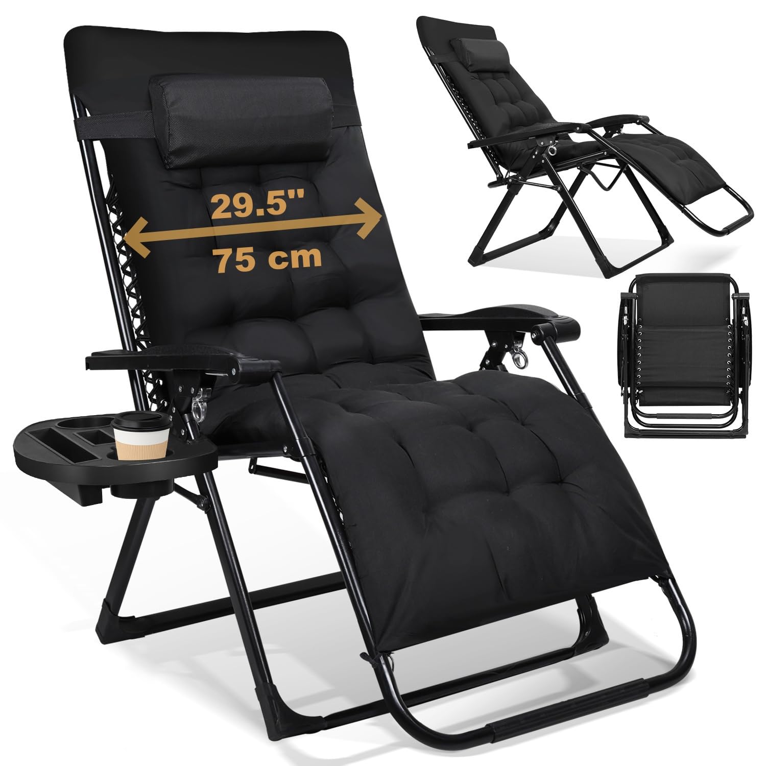 Ollewiellan Sun Loungers for Garden, Extra Wide 75cm Zero Gravity Chair, Reclining Garden Chair with Removable Cushion, Pillow & Cup Holder, Foldable Garden Recliner, 200kg, Patio Balcony
