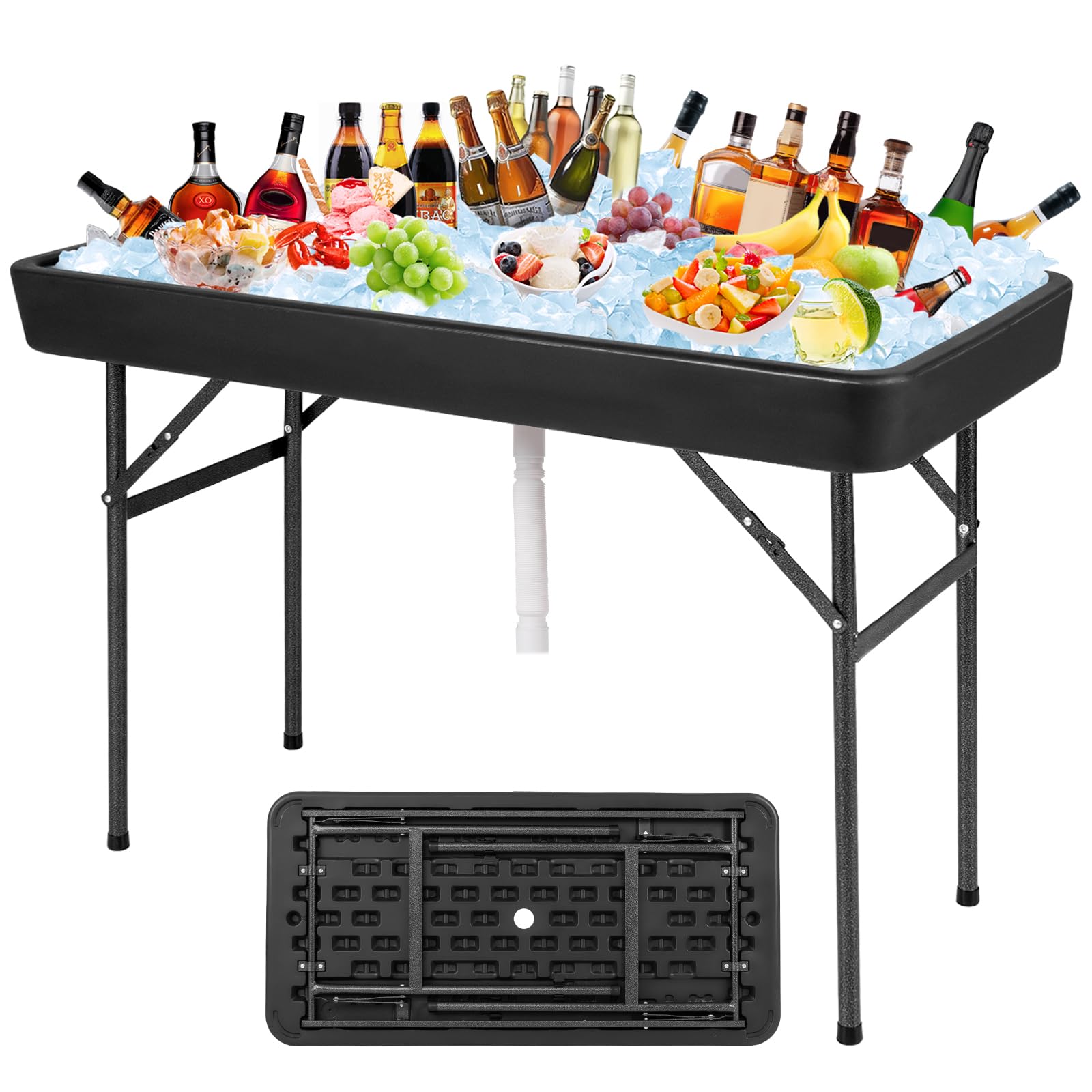 KOTEK Folding Ice Cooler Table with Matching Skirt, Drain Hose & Bucket, Foldable Beverage Cooler Buffet Cooler Server, Portable Chill Table for Party, Picnic, BBQ, Camping (Black)