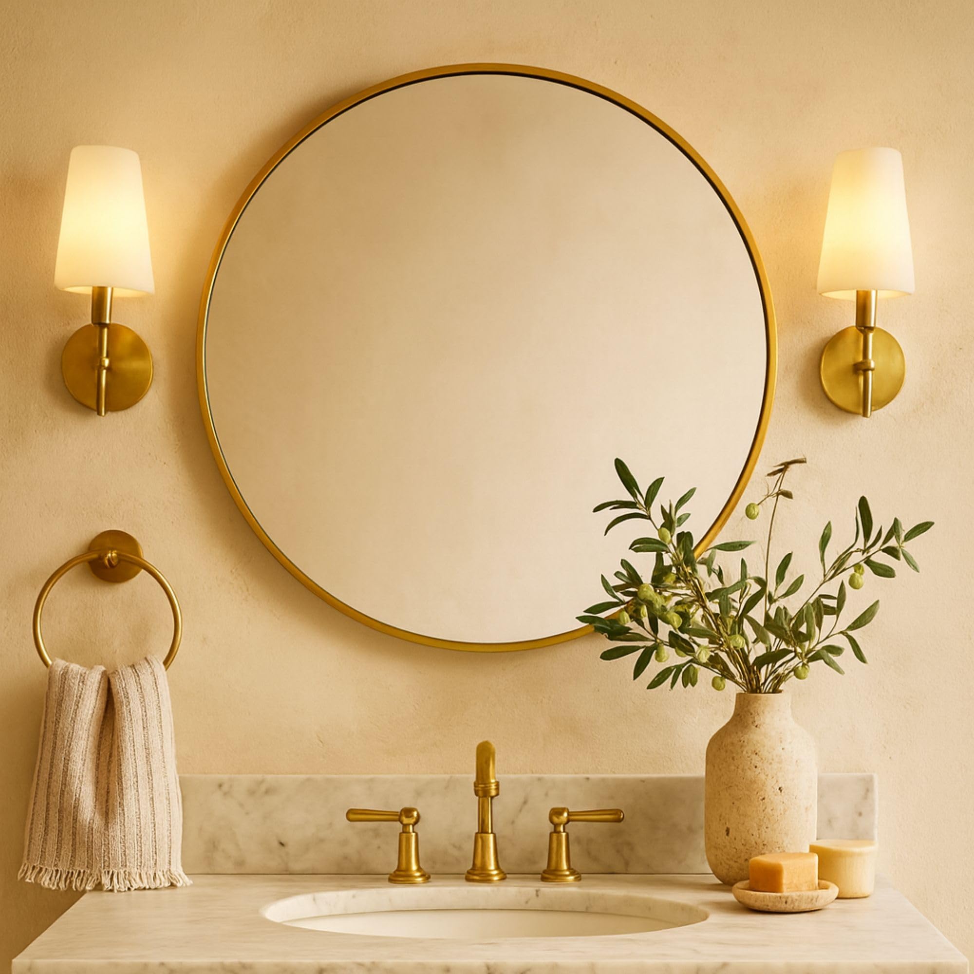 TEHOME Round Gold 36 inch, Brushed Brass Gold Wall Mirror for Bathroom Vanity,Bedroom &amp; Entryway