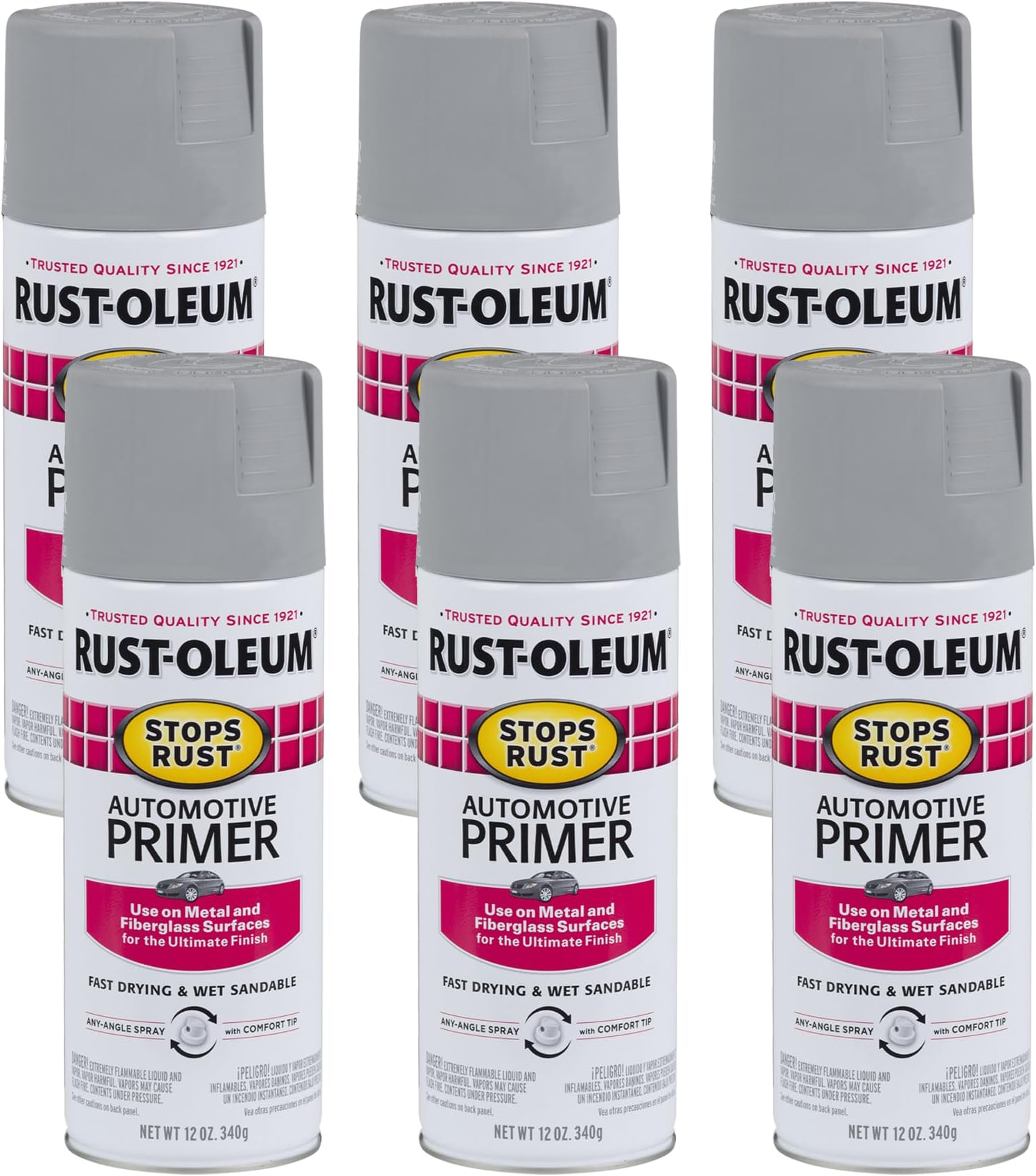 2081830-6PK Stops Rust Automotive Primer Spray, 12 oz, Flat Light Gray, 6 Pack