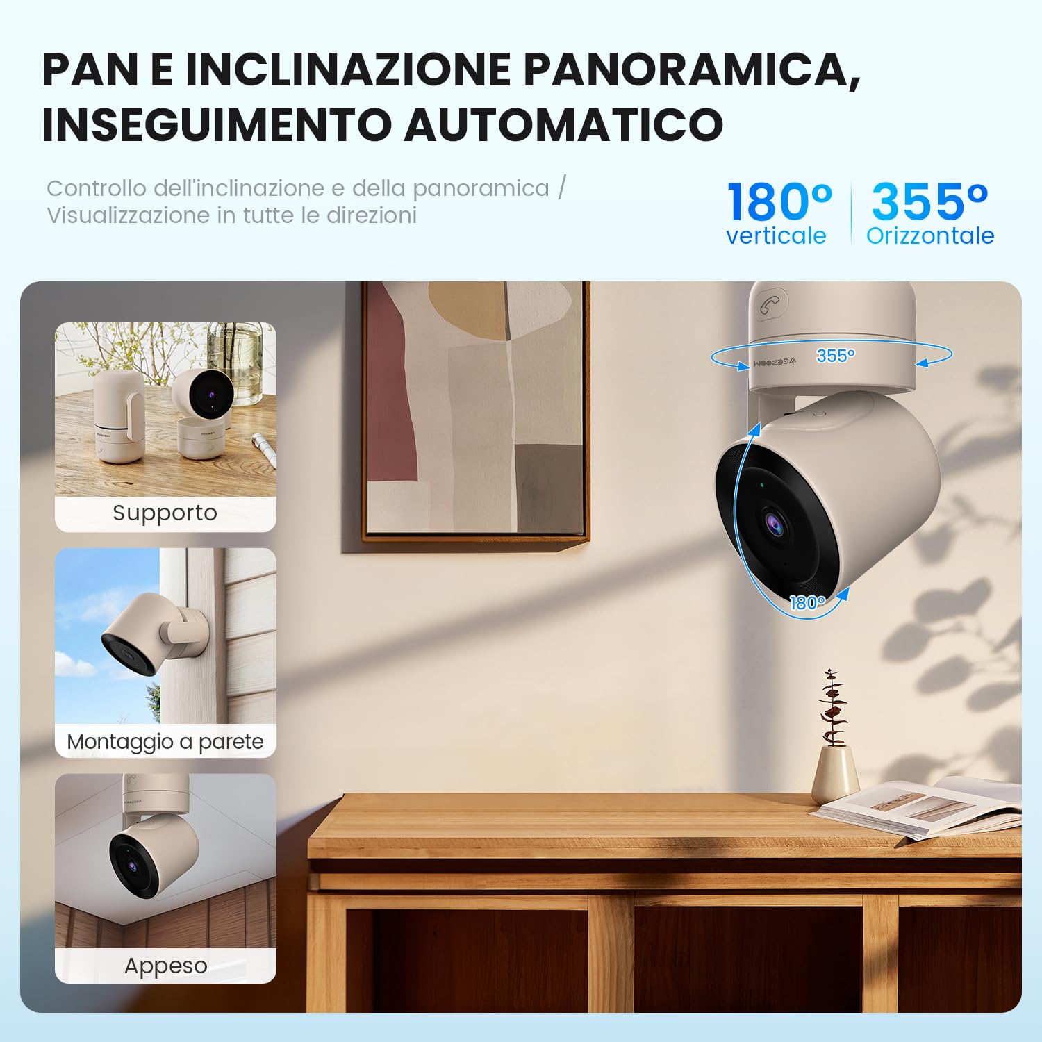 VEEZOOM 4MP Telecamera WiFi Interne, 2K Videocamera Sorveglianza Interno WiFi per Baby/Cani/Indoor con Pan 360° /Tilt 180°, Visione Notturna, Rilevamento Umano, Tracciamento Automatico, One-Touch Call
