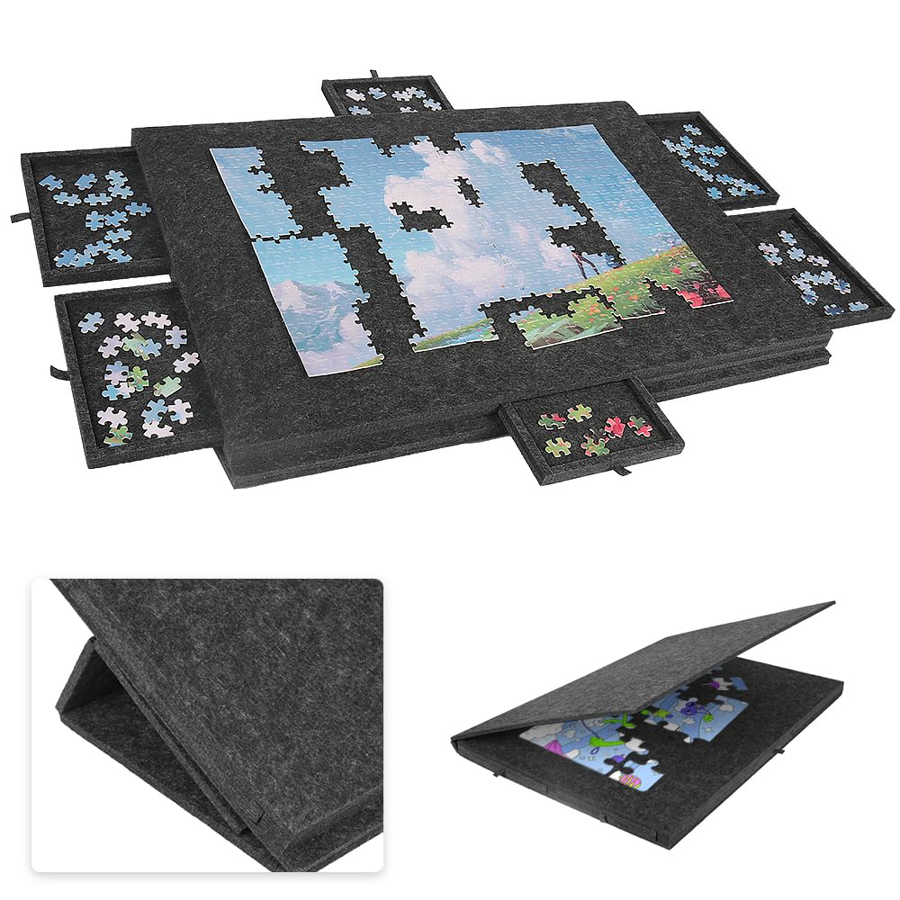 Tapis Puzzle 1000 Pieces en Feutre Léger, Table & Plateau de Puzzle 1000 Pieces avec 6 Tiroirs de Tri, Support Puzzle Inclinable pour Adultes, Accessoires de Puzzle pour Convient à Tous Les âges